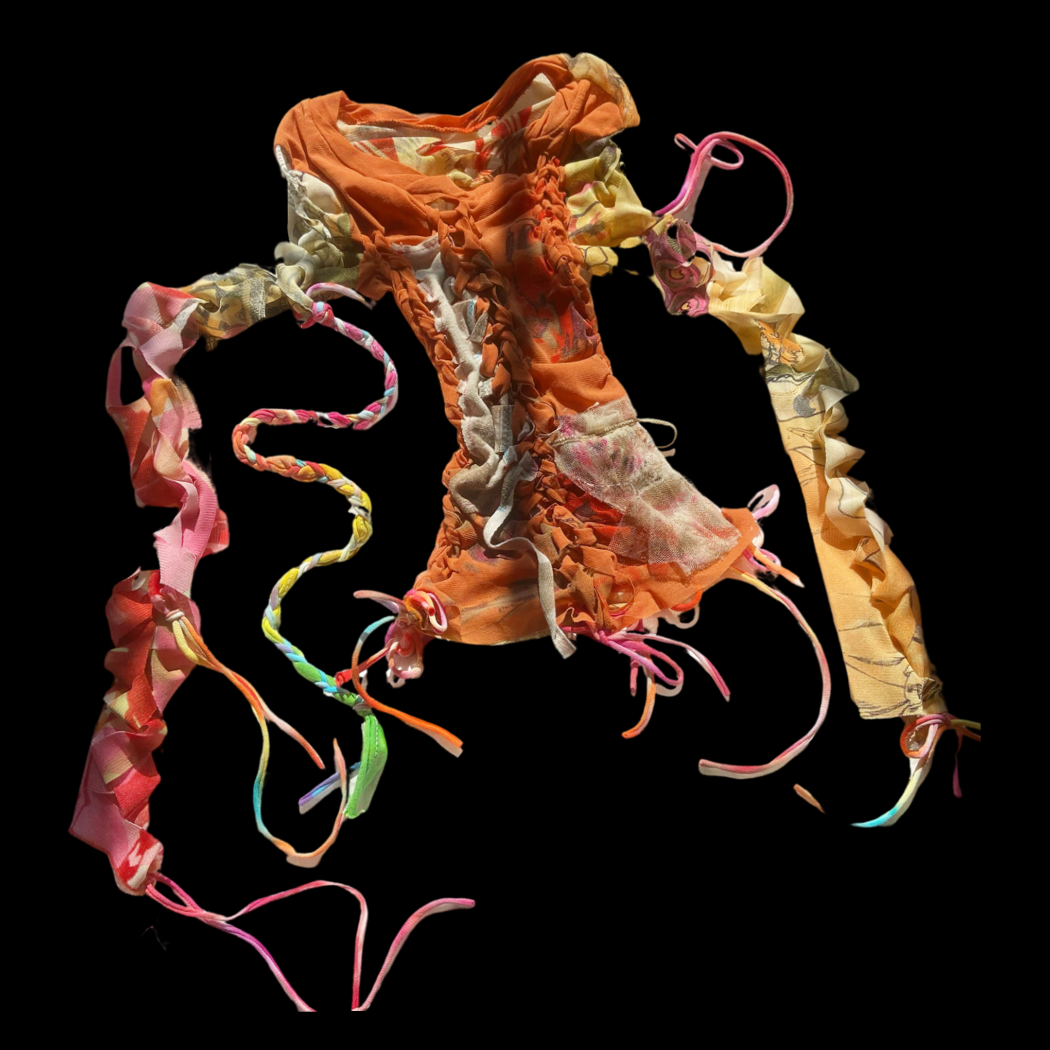 Pile of colorful, twisted fabric strips with a mix of orange, pink, yellow, and multicolored patterns against a black background.