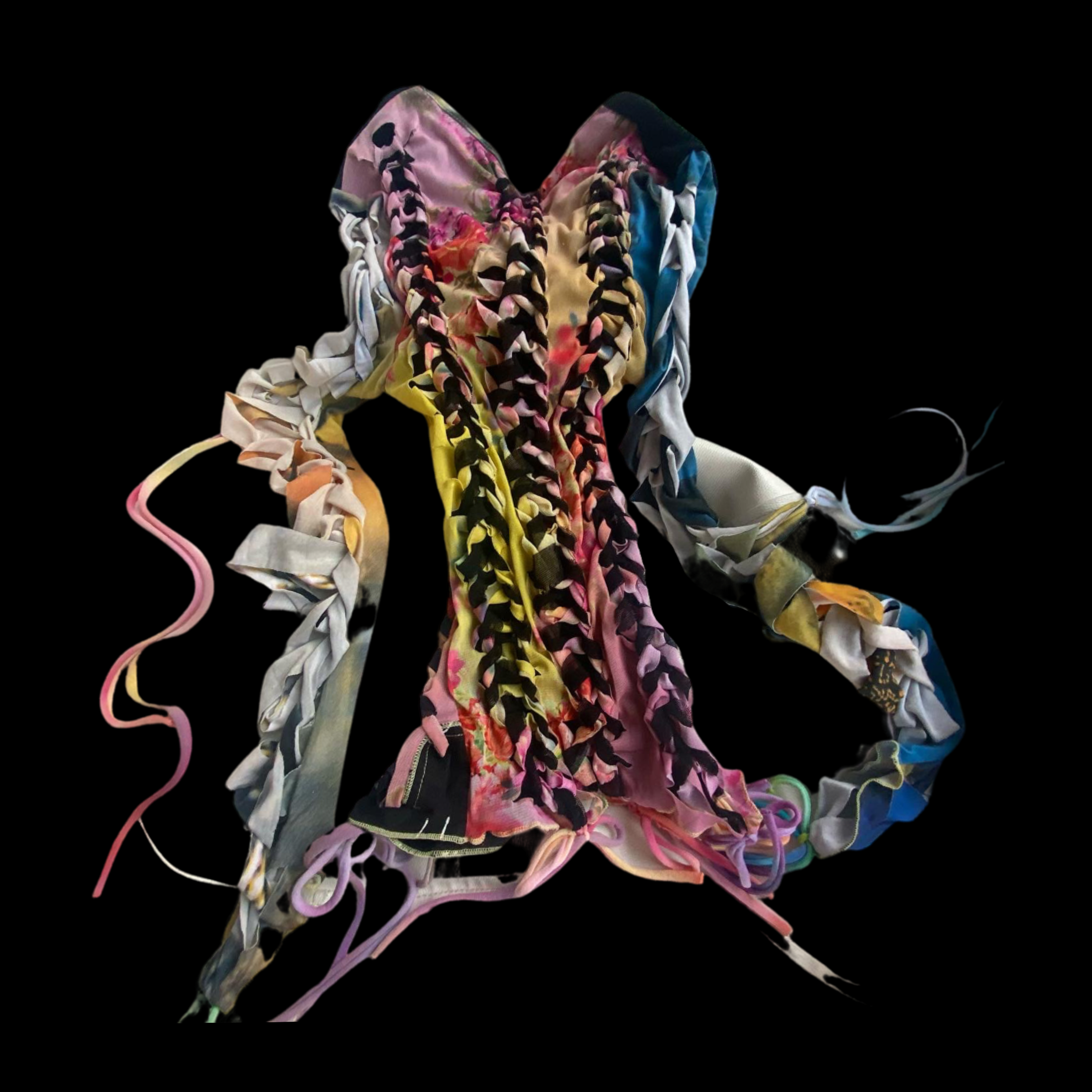 Colorful fabric scraps and ribbons arranged in a creative pattern against a black background.