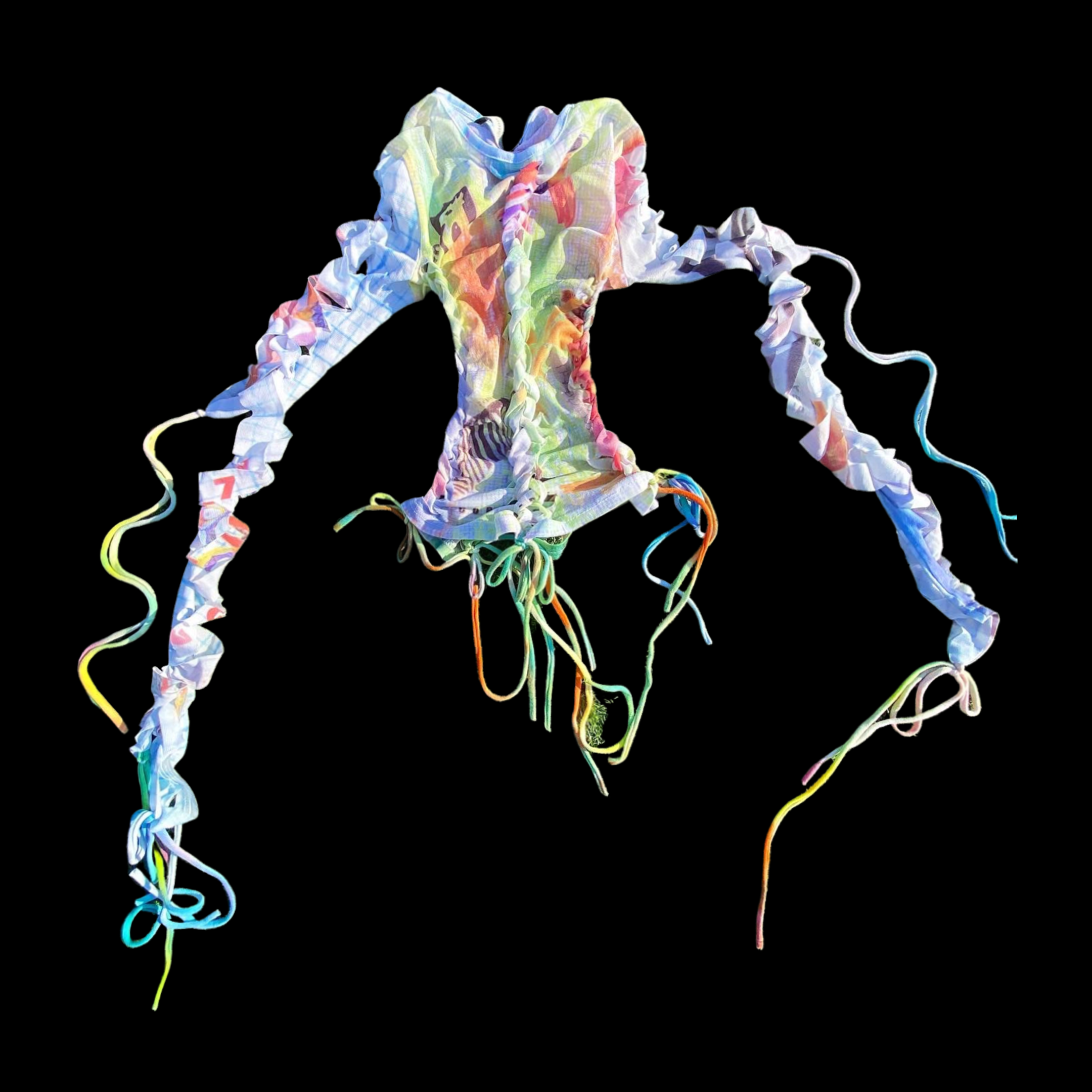 Colorful, crumpled fabric with long, tangled ribbons against a black background.