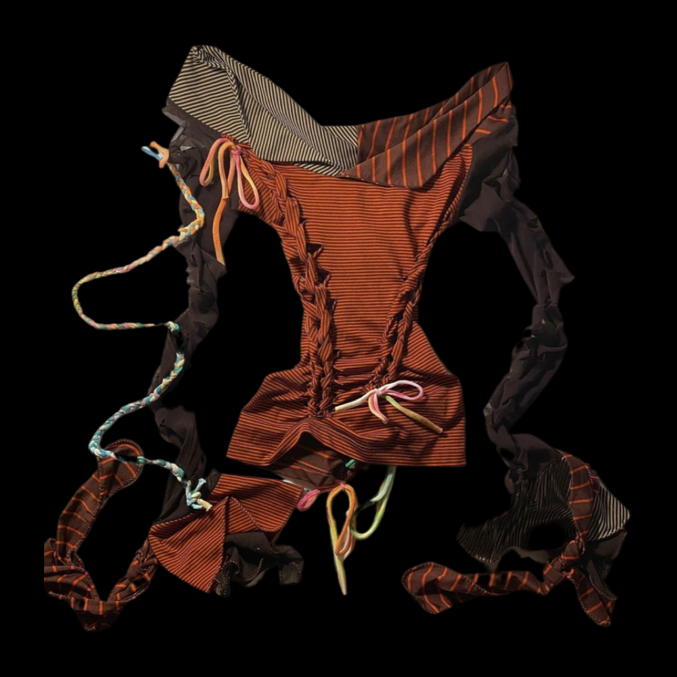 A collection of brightly colored, patterned fabric pieces with laces and ties, arranged in a scattered manner on a black background.