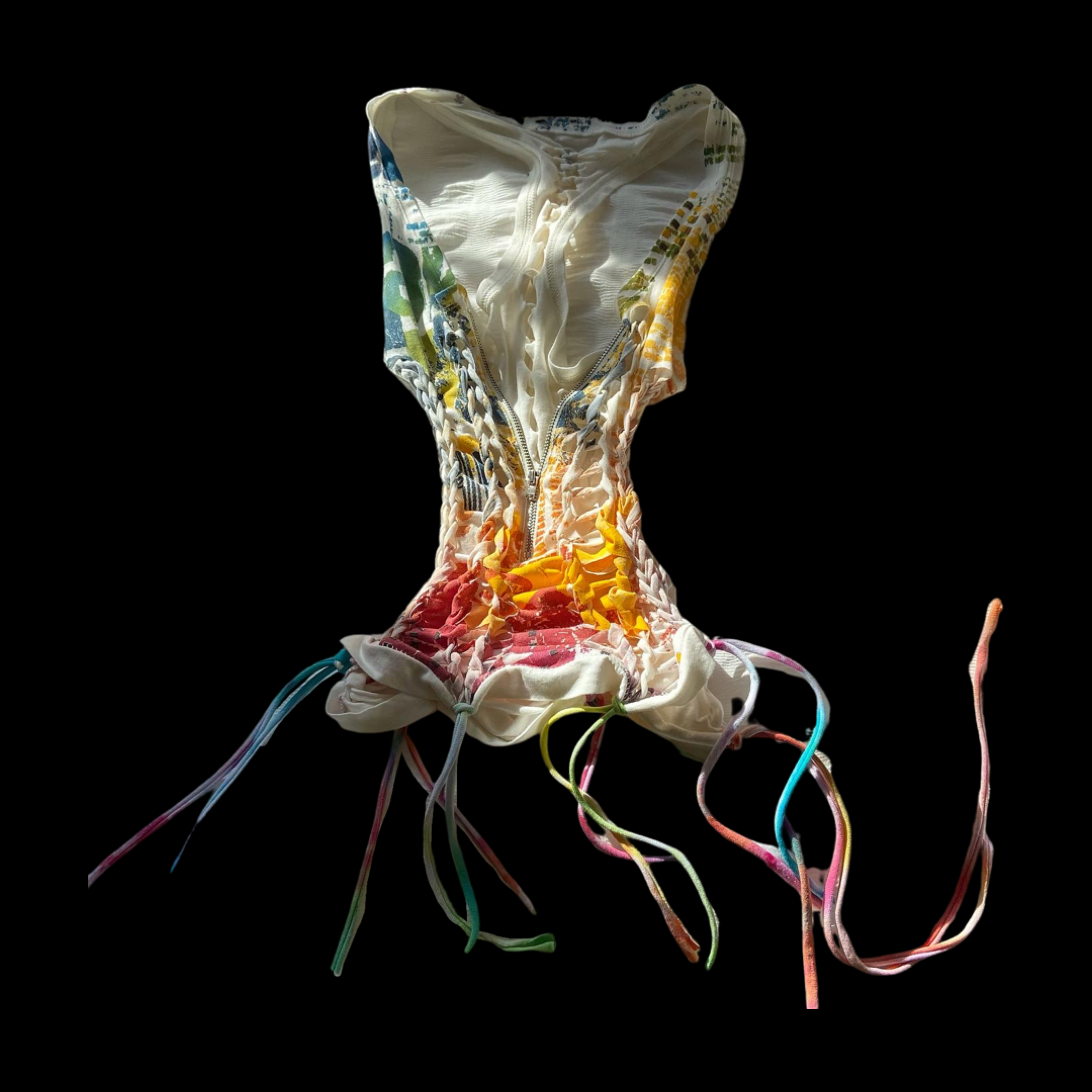 Colorful lace-up cloth item resembling a corset or decorative textile on a black background.