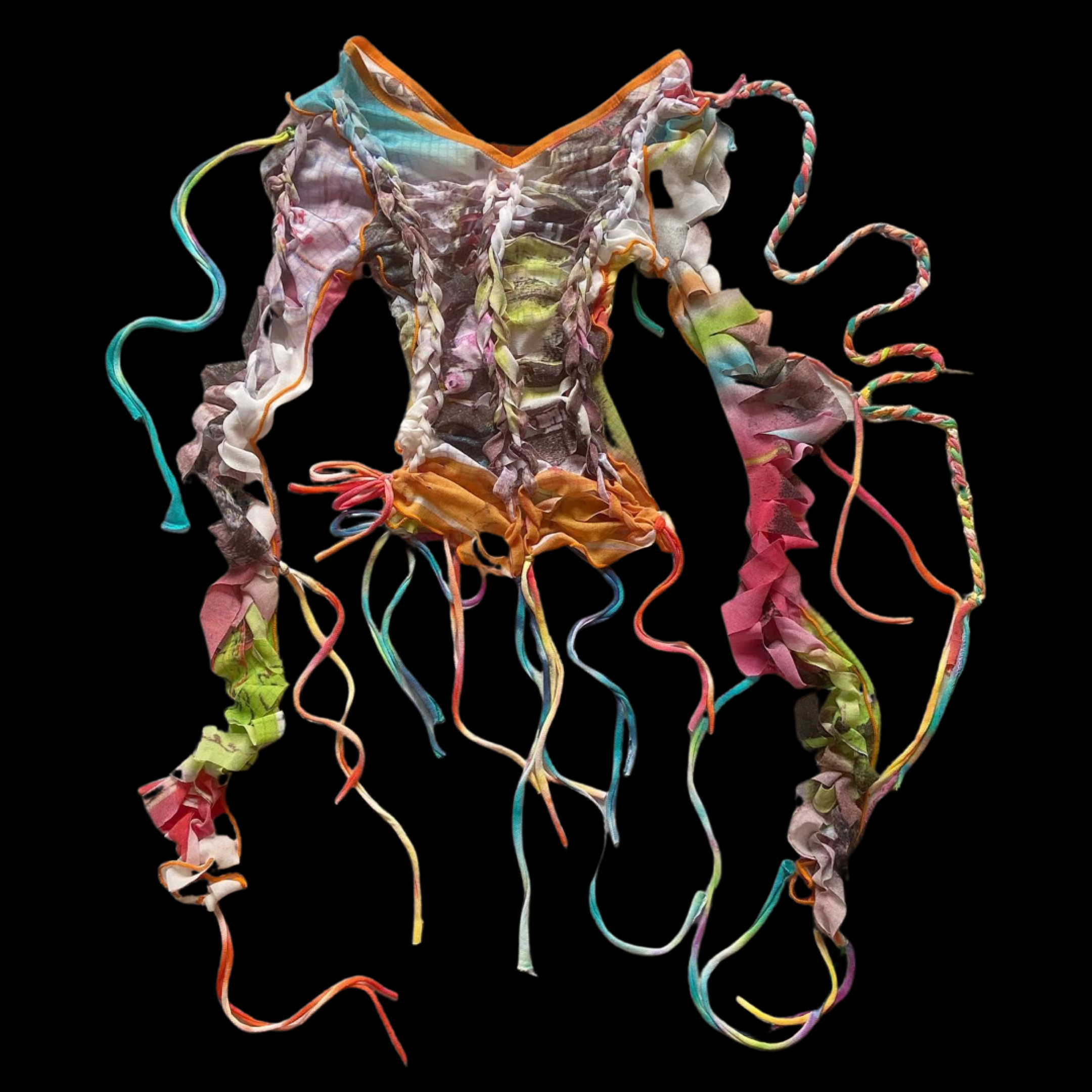 Colorful, crumpled fabric clothing with intertwined ribbons, set against a black background.