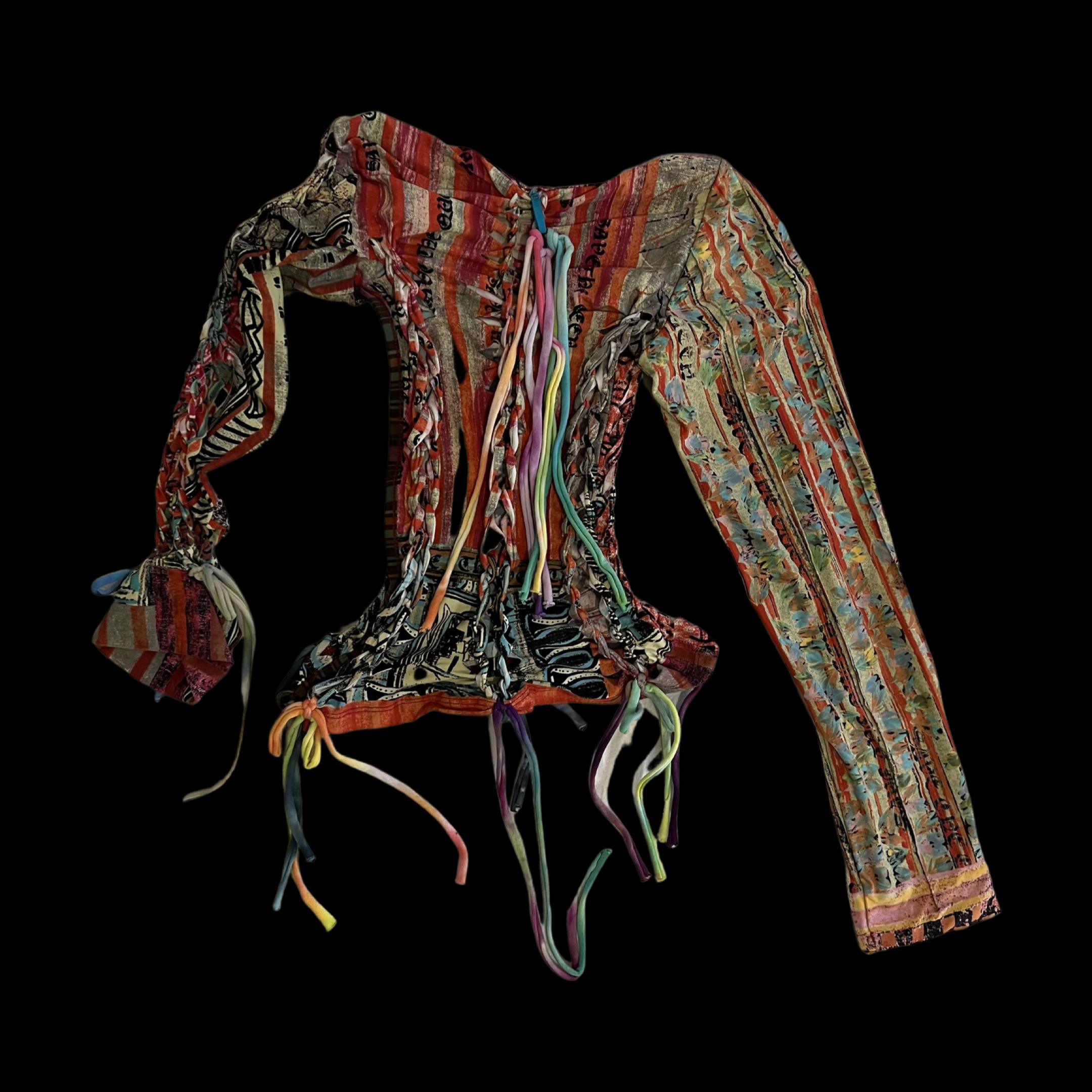 Colorful long-sleeve button-up shirt with drawstrings, featuring vibrant patterns and multiple multicolored drawstrings hanging from the front, set against a black background.