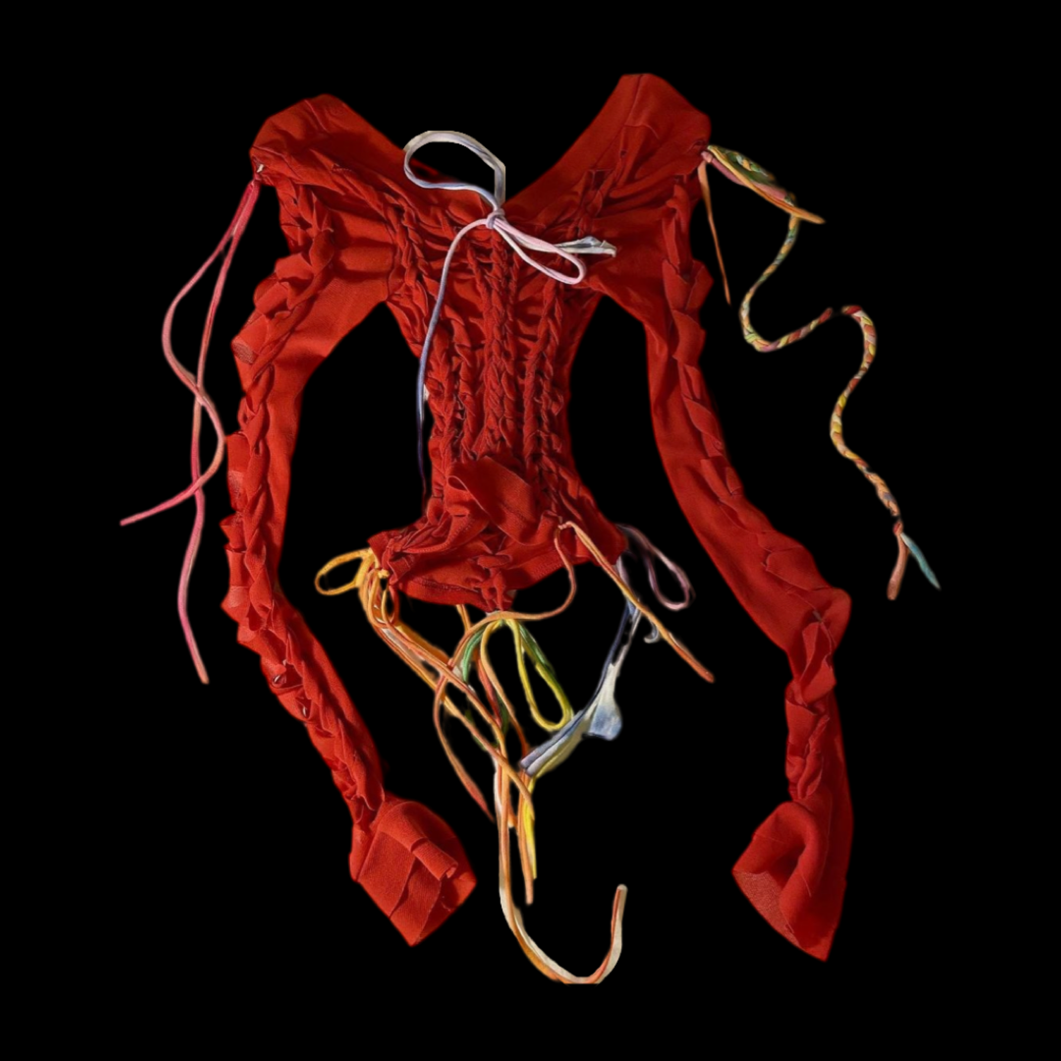 A red lingerie bodysuit with ribbon and lace details, displayed on a black background.