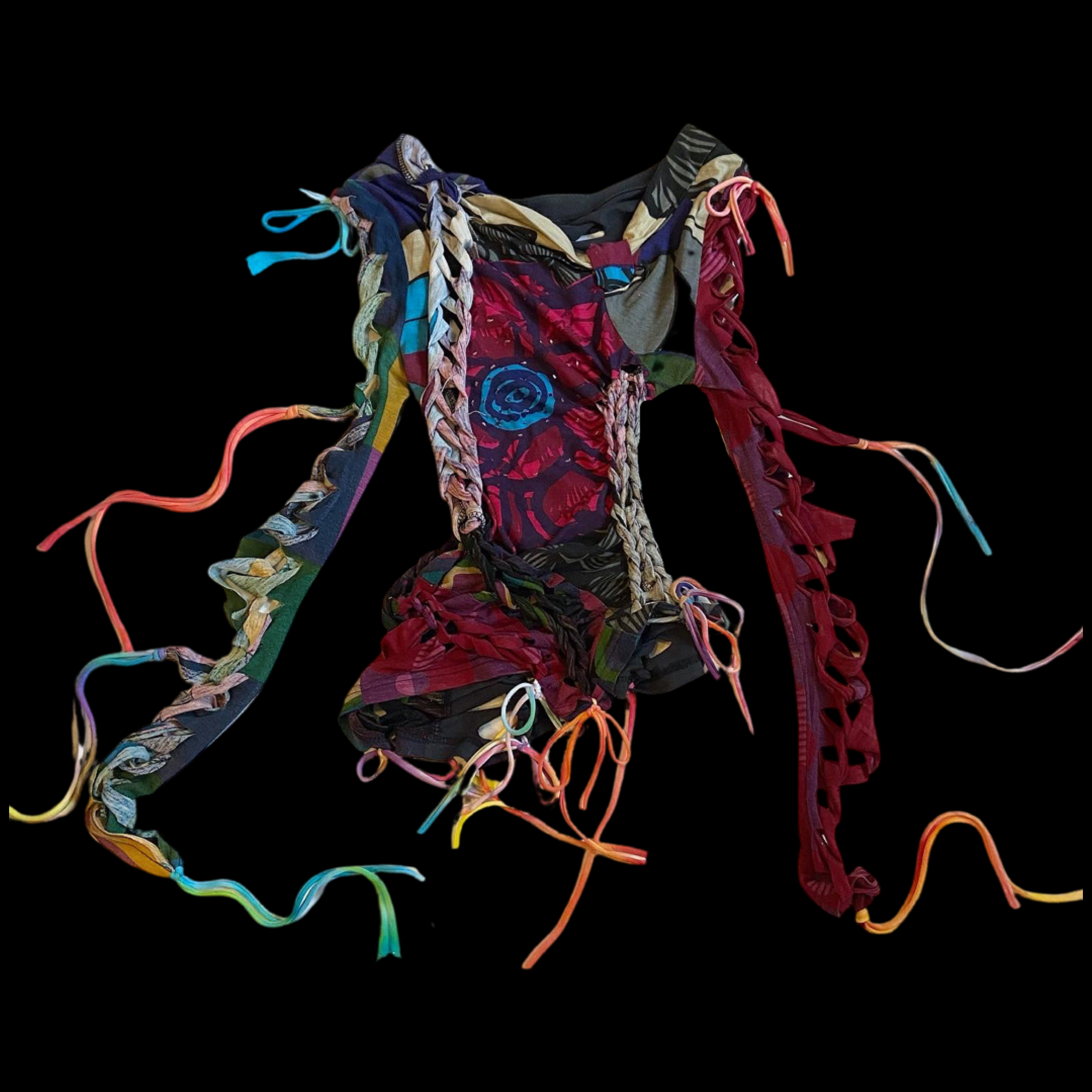 Colorful fabric strips and laces arranged in a tangled fashion against a black background.