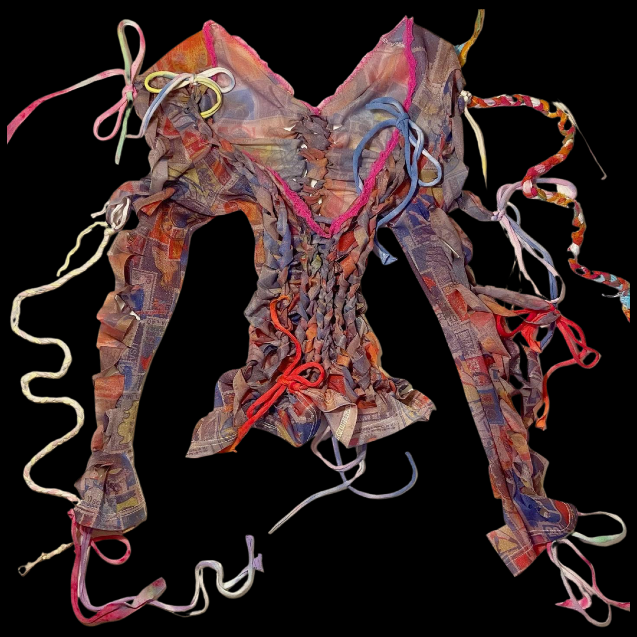 Colorful, tangled fabric strips arranged in a loose, decorative pattern against a black background.