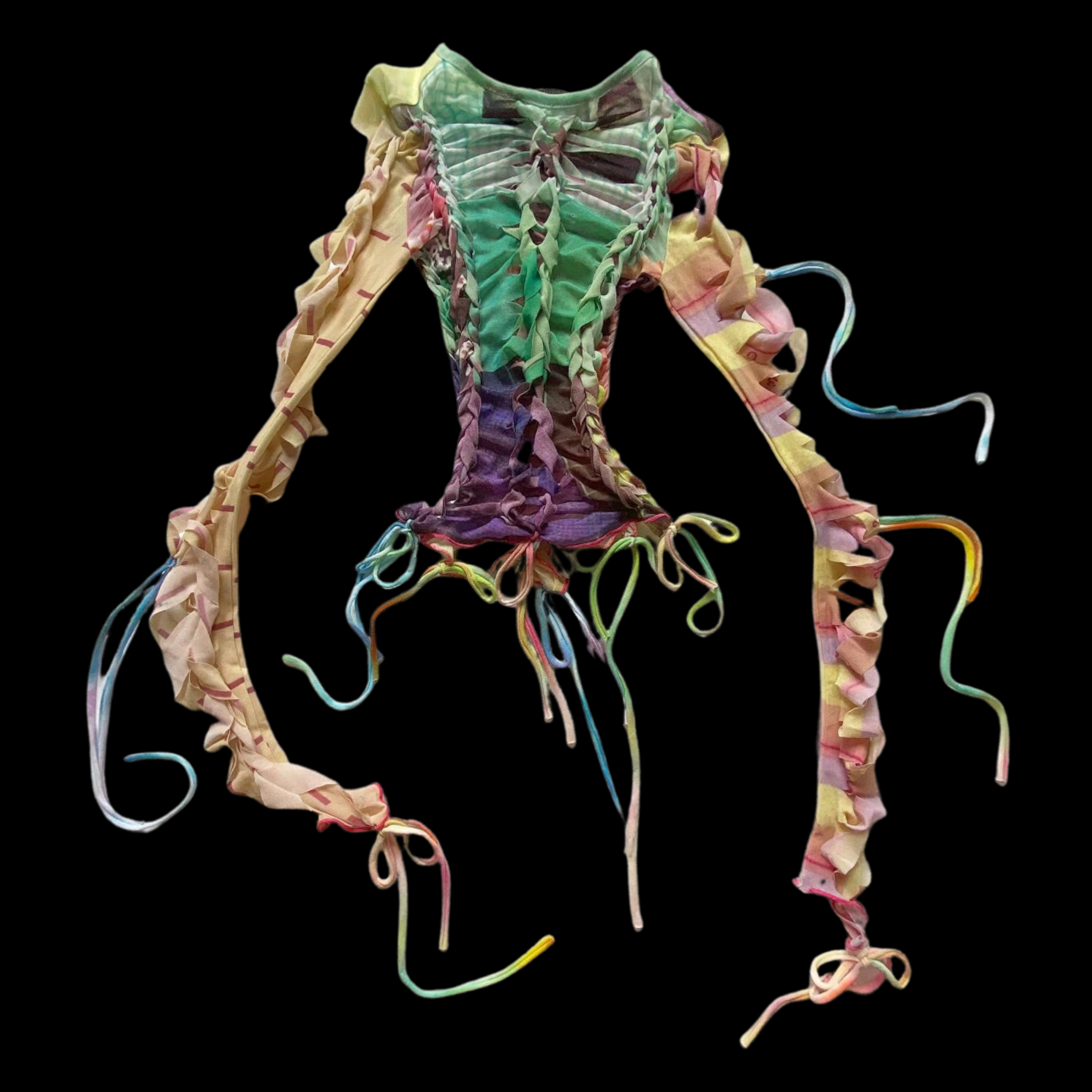 Colorful, intricately laced fabric, resembling a dress or costume, arranged on a black background.