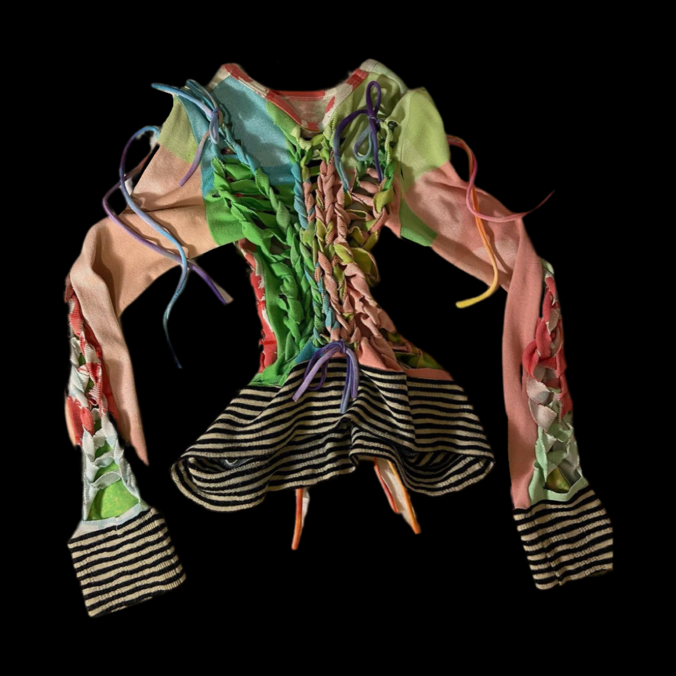 Colorful patchwork dress with striped hem and lace-up front detail.