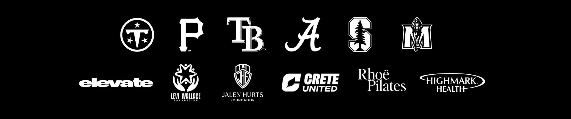 Andro Design Co.'s list of clients. One color black and white logos of the Tennessee Titans, Pittsburgh Pirates, Tampa Bay Rays, The University of Alabama, Stanford University, Murray State University, Elevate,  The Jalen Hurts Foundation and more.