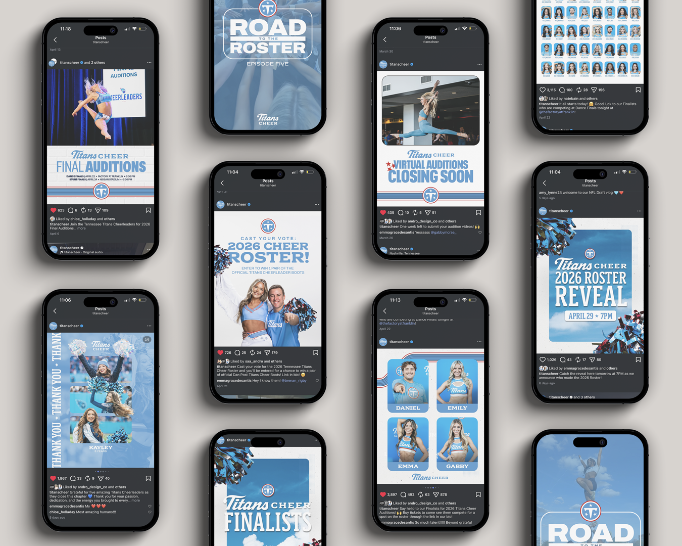 A collage of social media posts and graphics related to the Tennessee Titans Cheerleading squad, featuring cheerleader performances, roster announcements, auditions, and promotional updates in a predominantly blue and white color scheme.