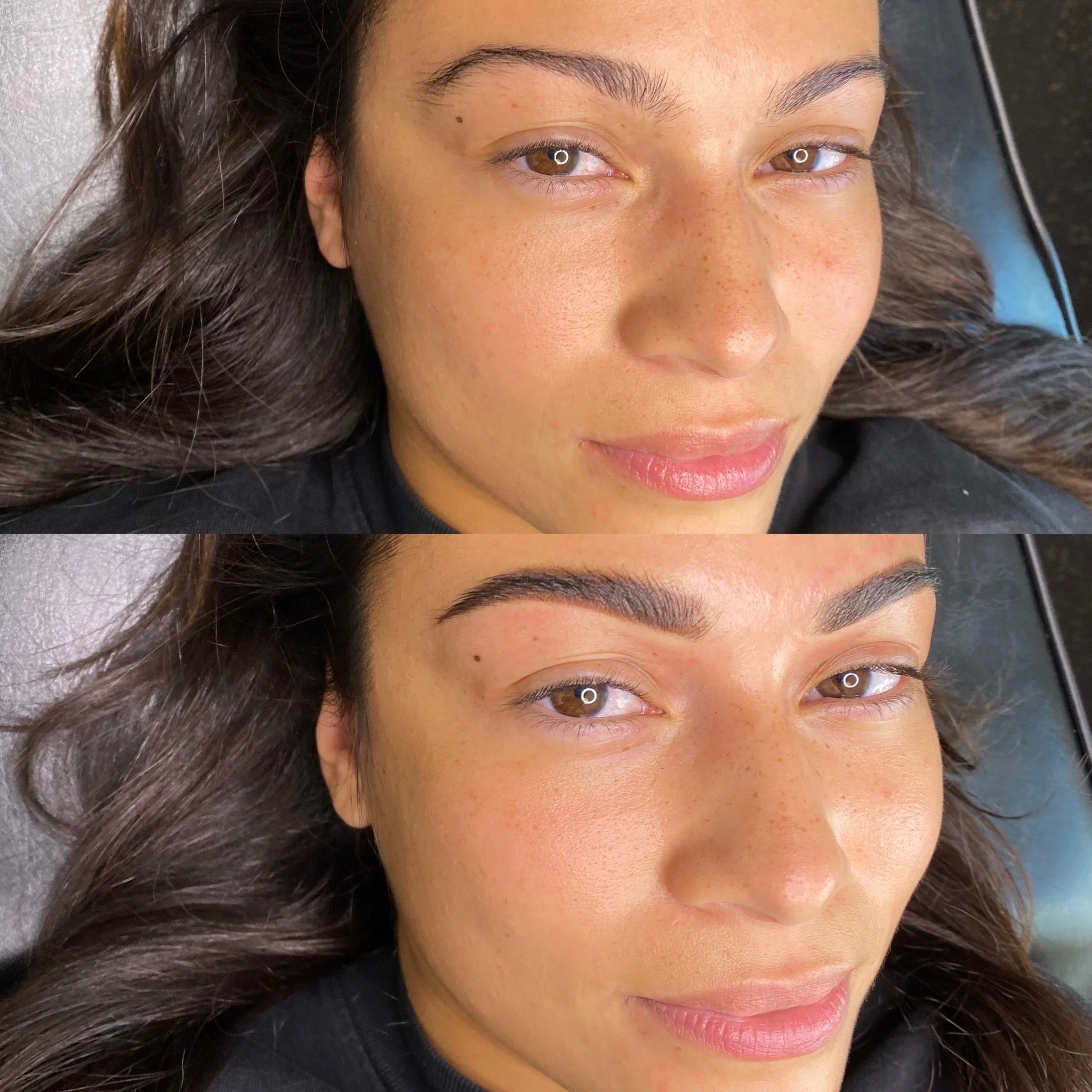 Before and after images showing a woman with natural eyebrows in the first photo and well-defined, shaped eyebrows in the second photo.