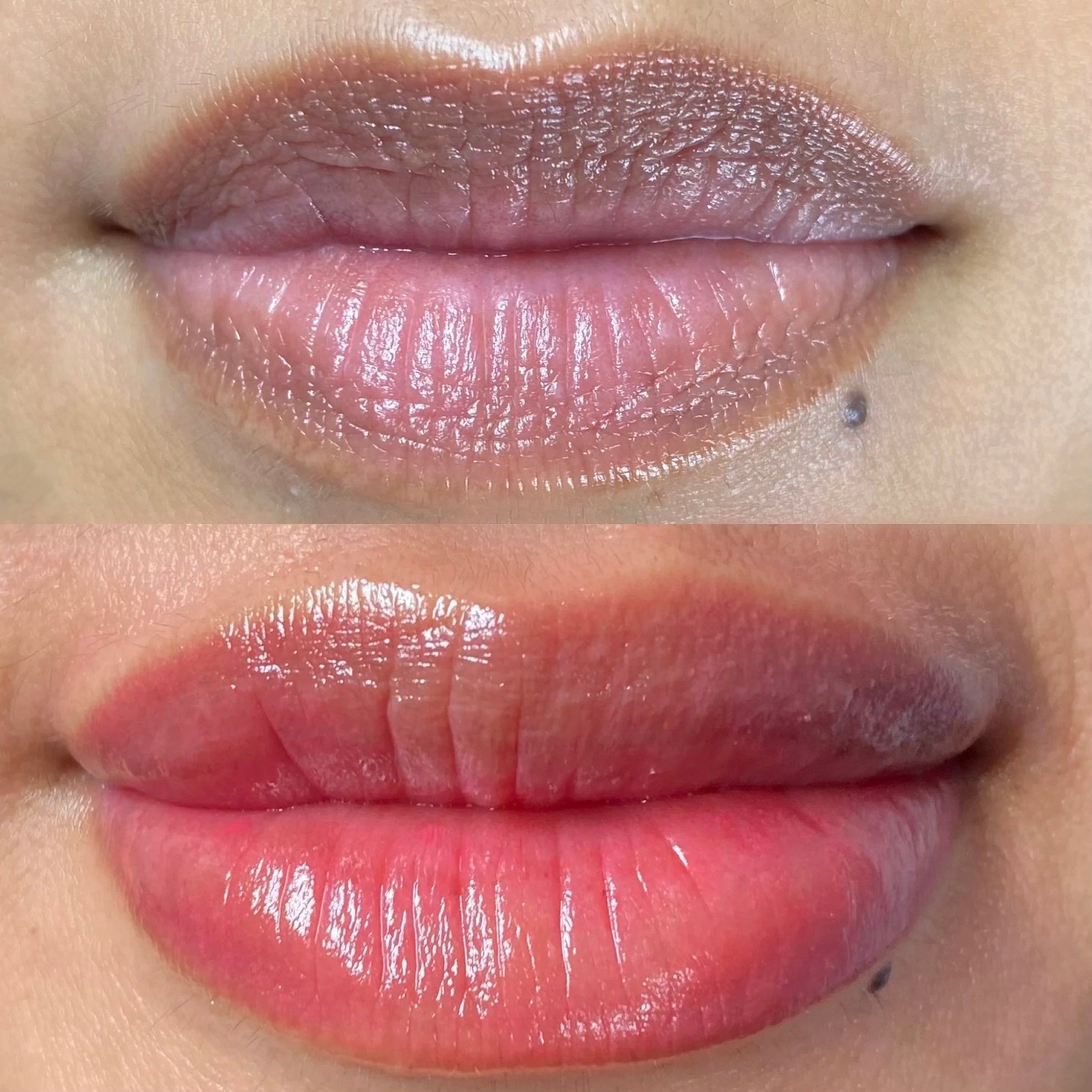 close-up of a before/after lip neutralization tattoo designed to warm up cool tones in melanin rich lips. 