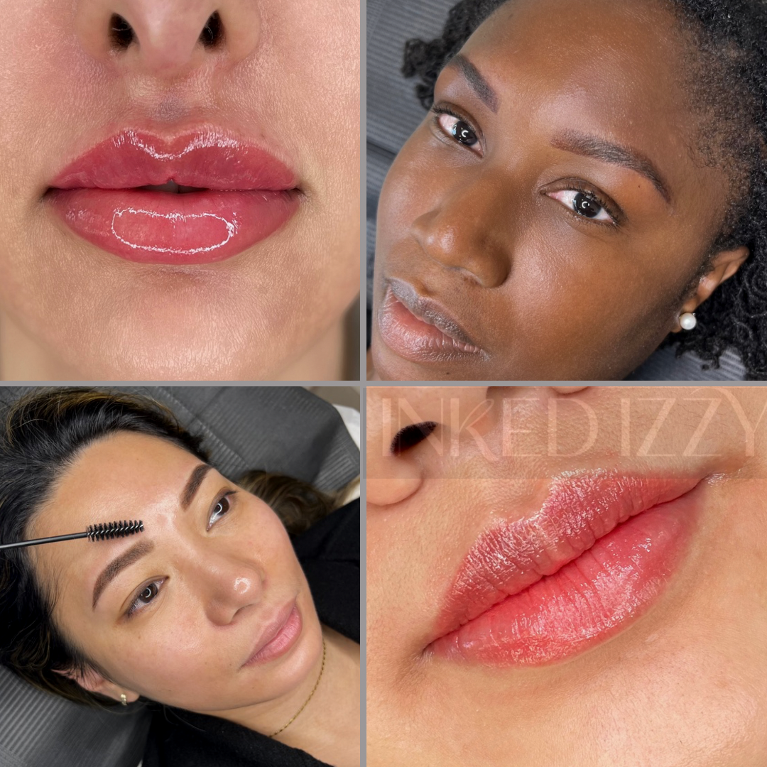 collage of permanent makeup powder brows, lip blush and lash liner.