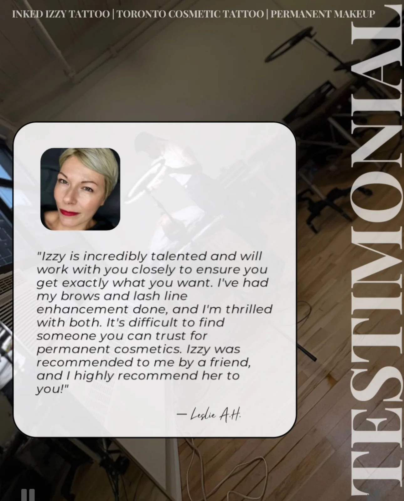 Customer review and photo of a woman with short blonde hair and red lipstick, recommending Izzy for permanent makeup, with tattoo and cosmetic tattoo text on the image background.