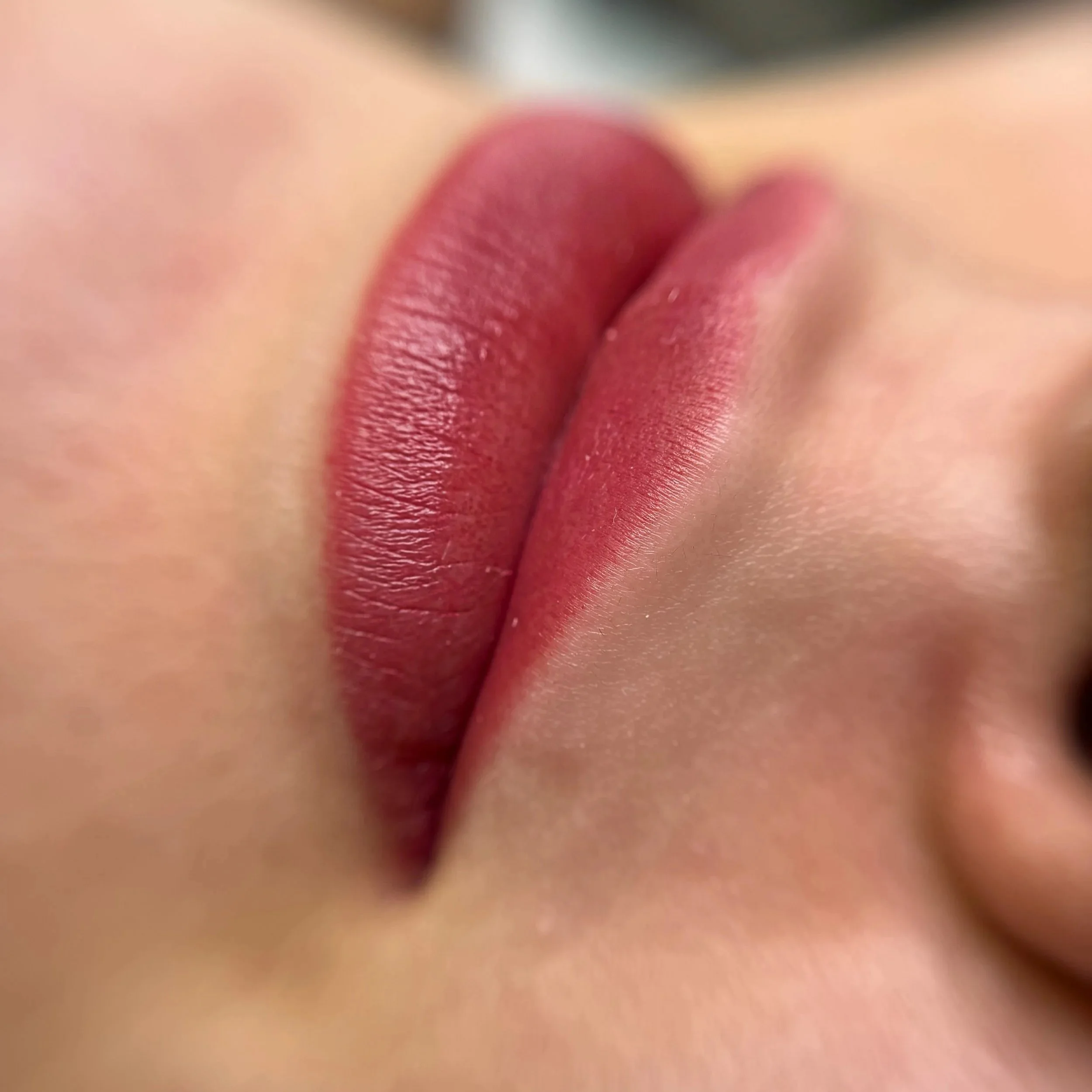 Close-up of a lip blush tattoo; a permanent makeup procedure that enhances the colour and natural definition on your lips. This service is performed in Toronto, near Leslieville by Inked Izzy Tattoo.