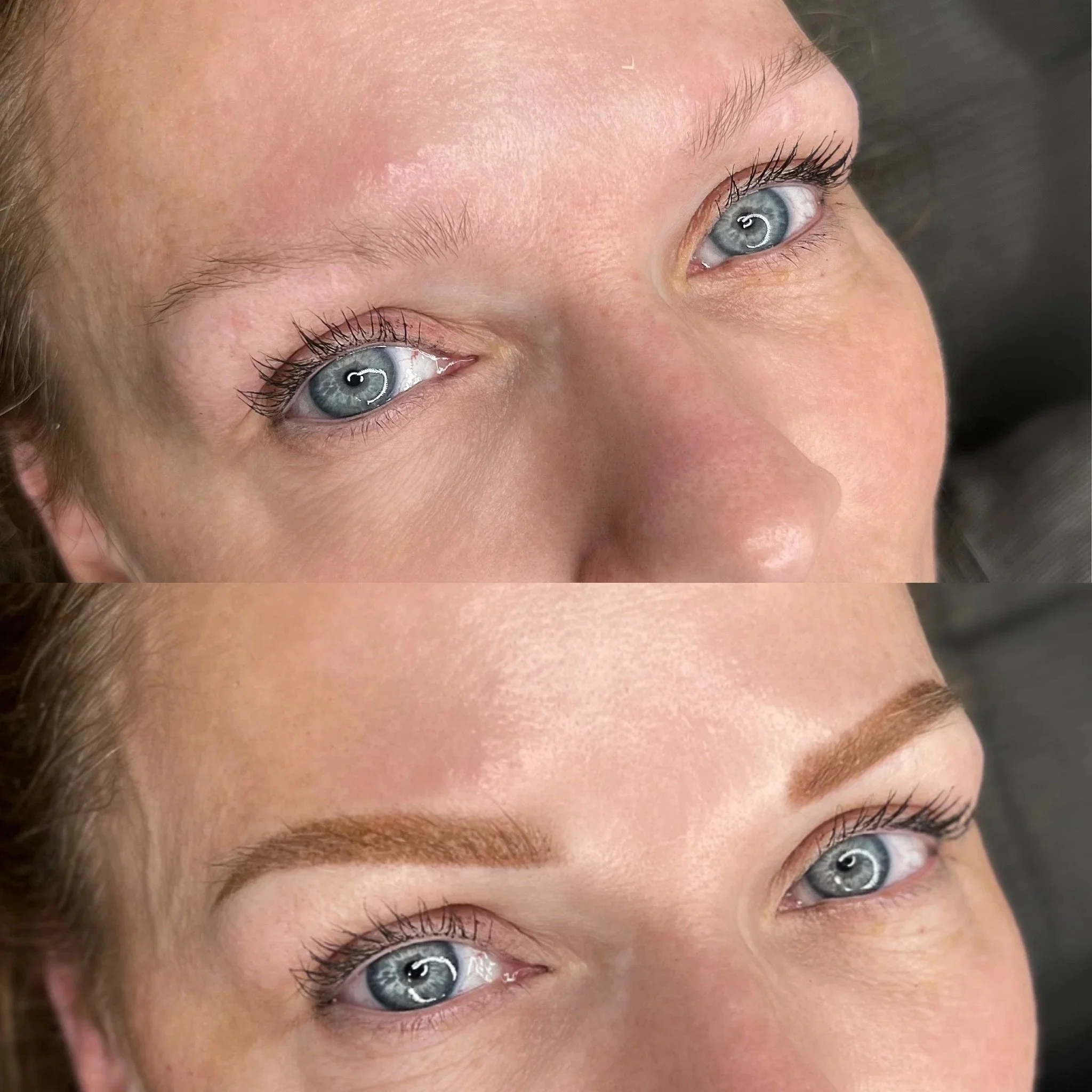Close-up of a woman's soft powder brows performed at Inked Izzy Tattoo studio in Toronto specializing in top-rated permanent makeup and cosmetic tattoo services