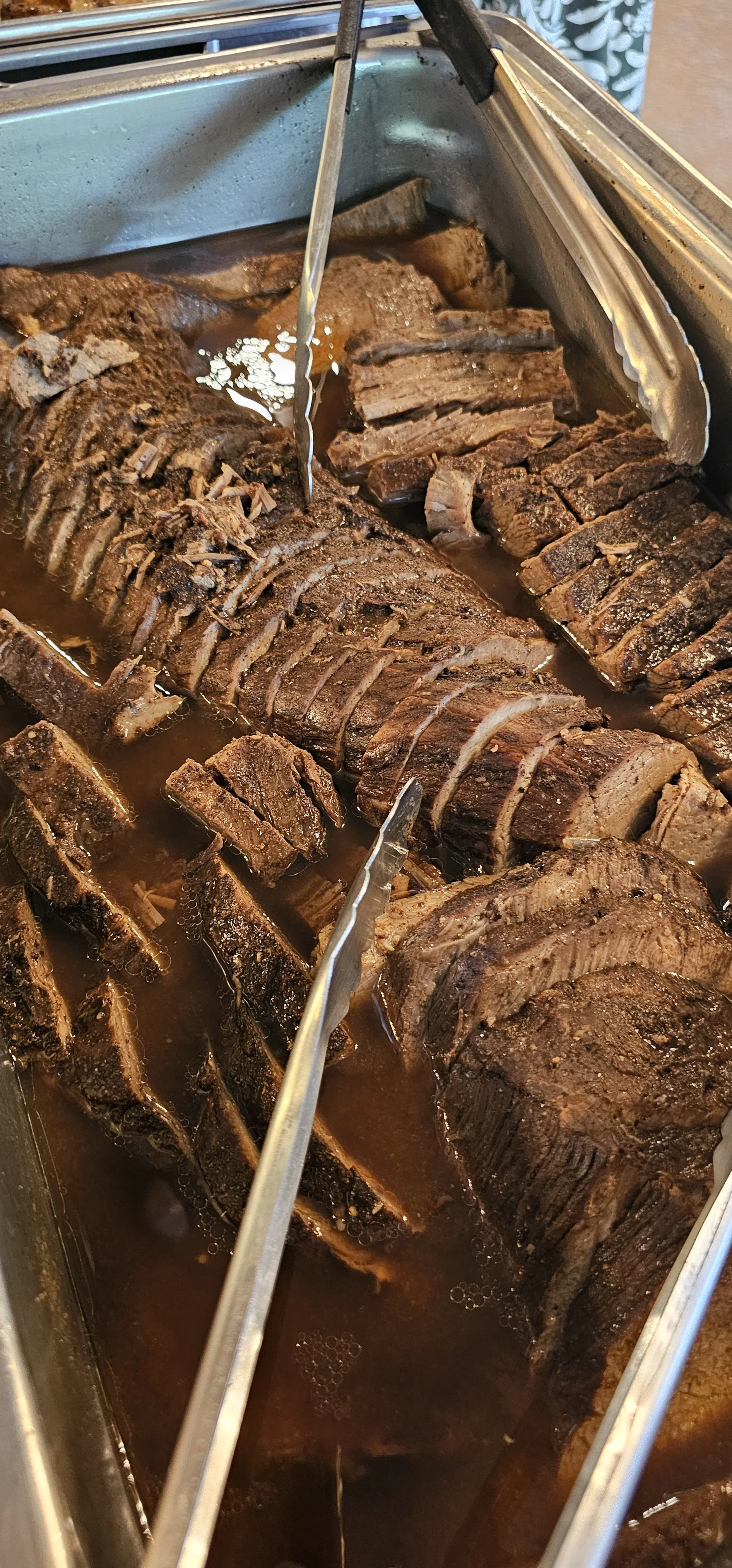 Slow-roasted beef, carved and served hot in savory au jus.