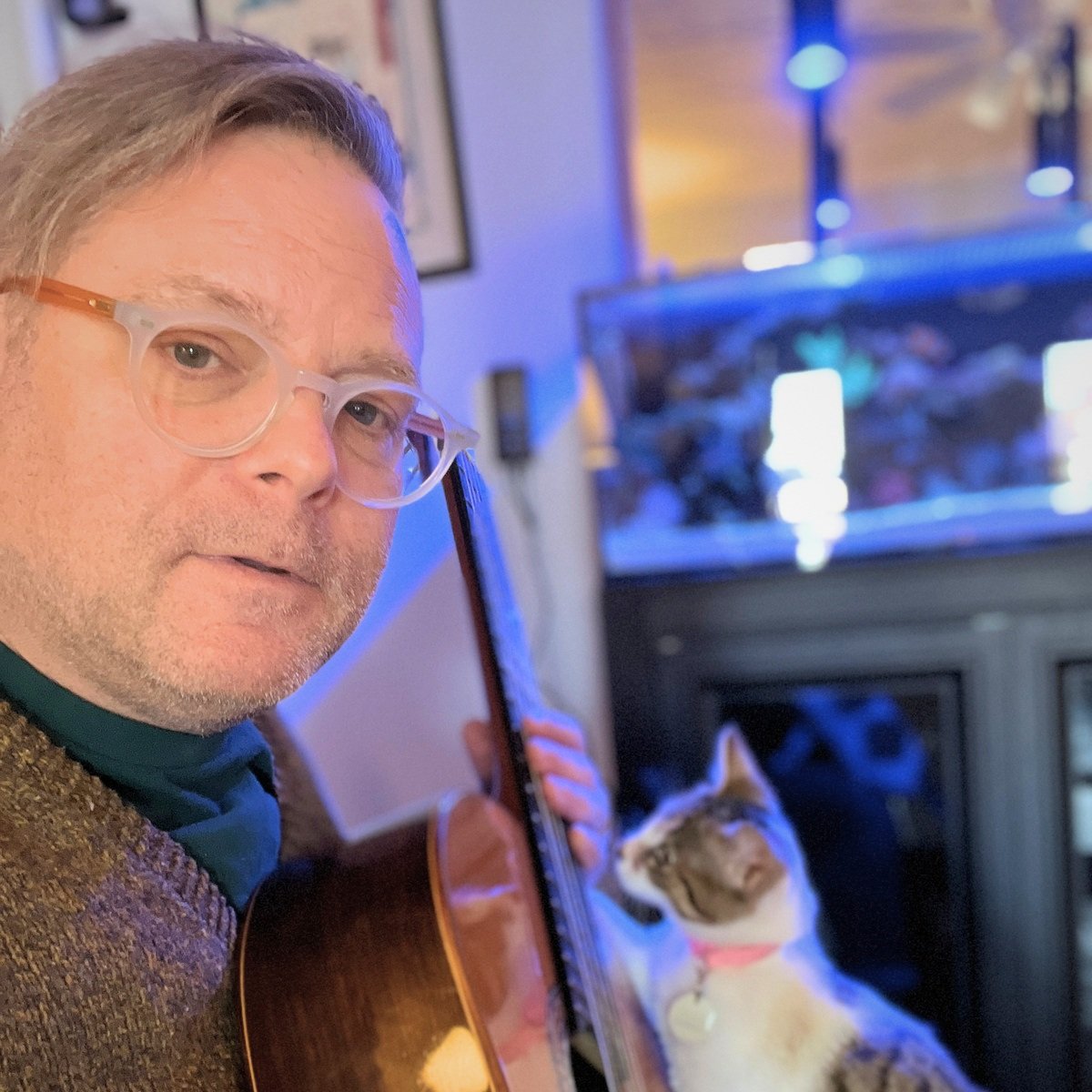 Person with light hair and glasses holding a guitar with a cat looking up at the instrument, aquarium in background.