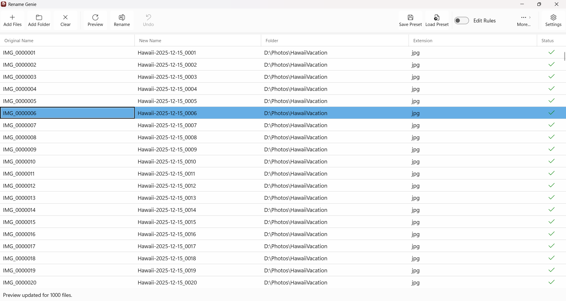 See all your files at a glance with real-time rename previews.