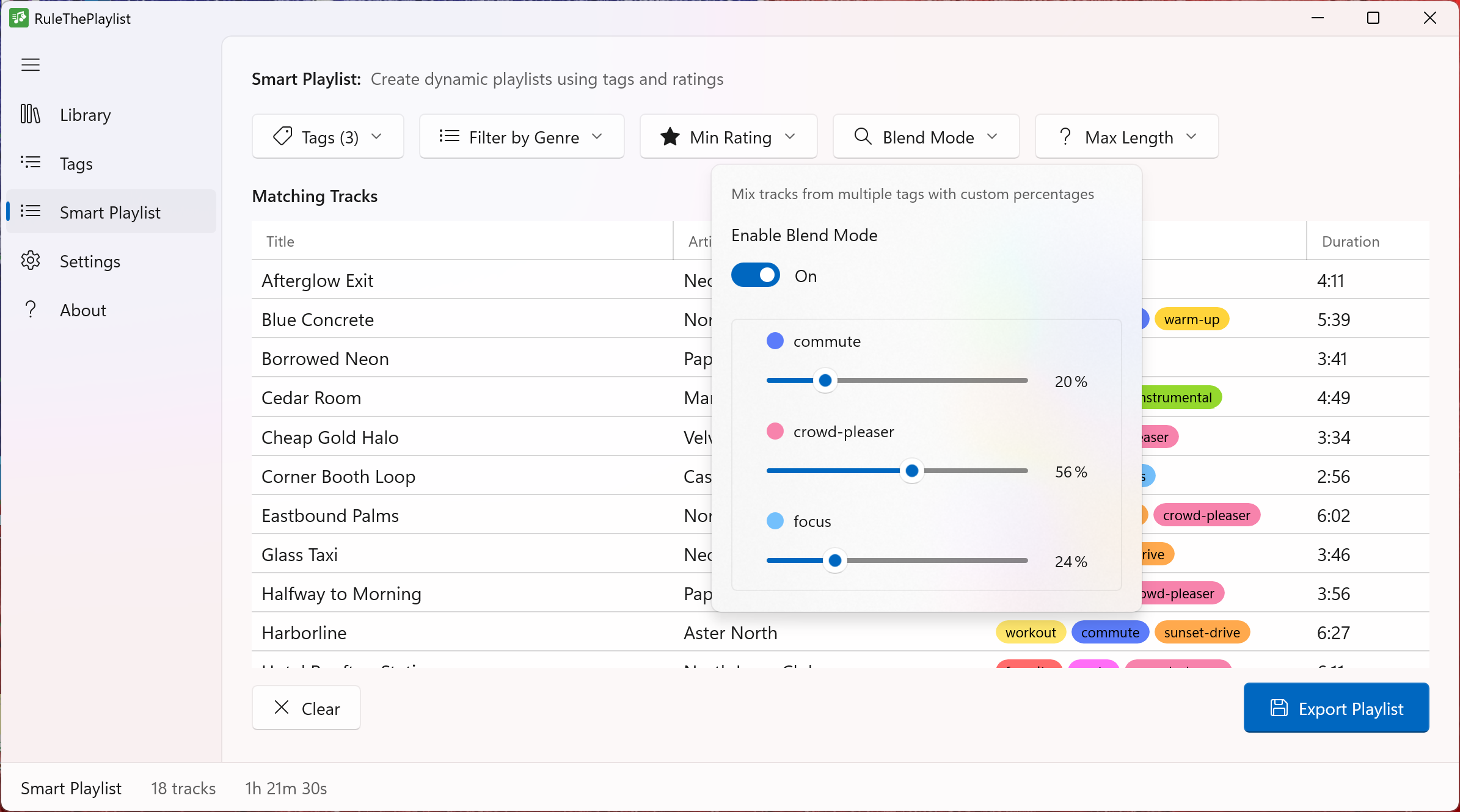 Blend tag percentages to shape the perfect mix -— dial each tag to tune mood and energy.