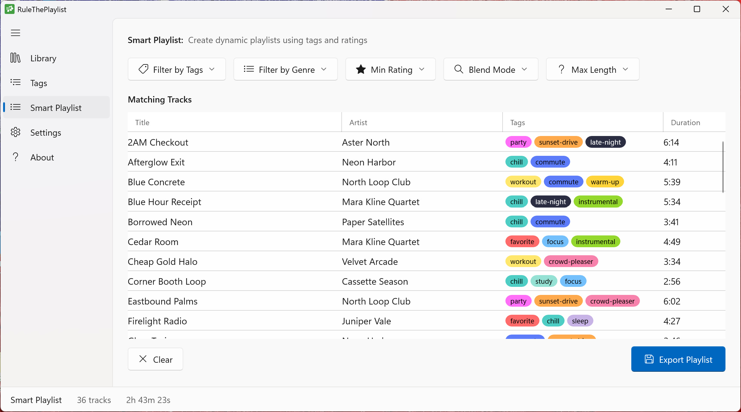 Generate intelligent playlists from rules: genres, ratings, duration, and tags -- ready to import into your favorite music player.