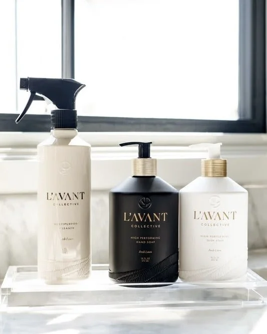 L'AVANTE Collective made with plant-based, biodegradable ingredients for a cleaner home - pictured in the Fresh Linen scent. Multipurpose Cleaner - $13 | Dish Soap - $26 | Hand Lotion $32
