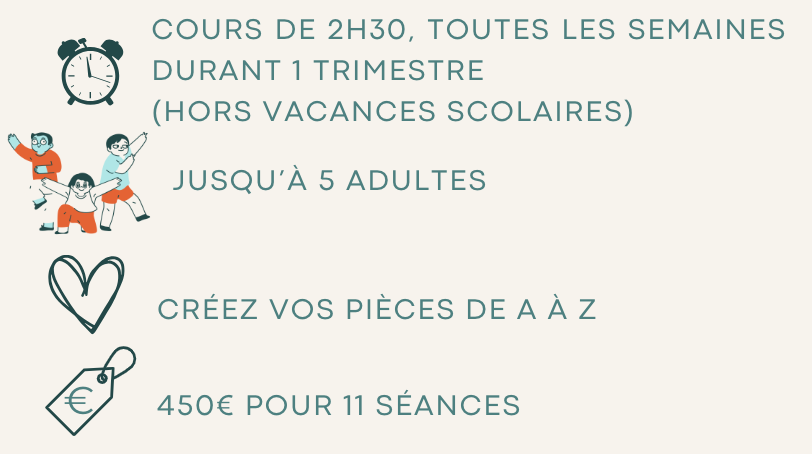 cours de 2h30, 1 fois par semaine durant 1 trimestre (hors vacances scolaires), dans des groupes de 5 adultes maximum, créez vos pièces de A à Z, pour un montant de 450€ pour 11 séances.