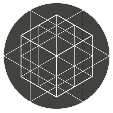 A geometric illustration of a 3D cube in white lines against a dark circular background.