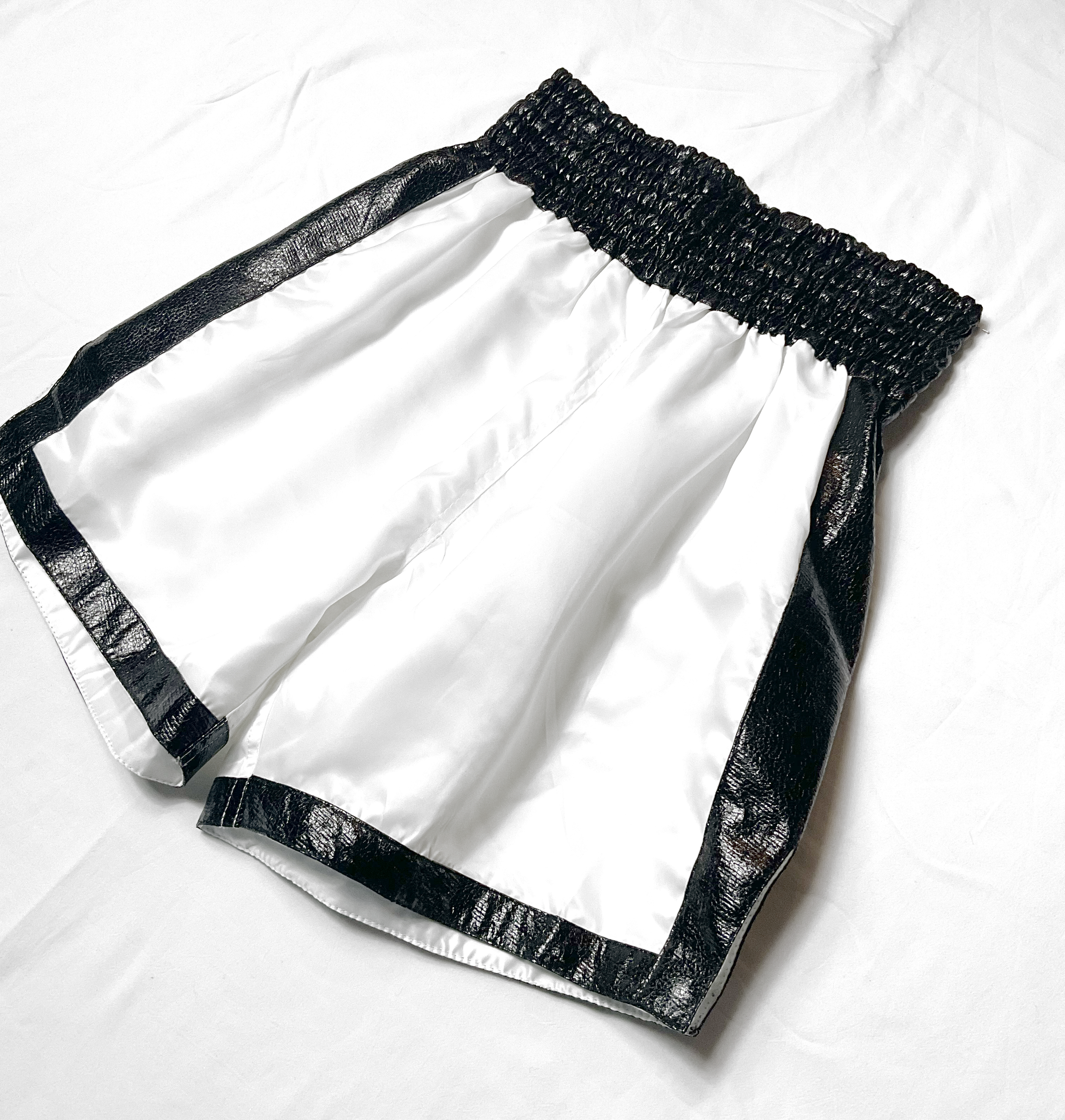 White & Shiny Black Side Stripe Satin Boxing Trunks