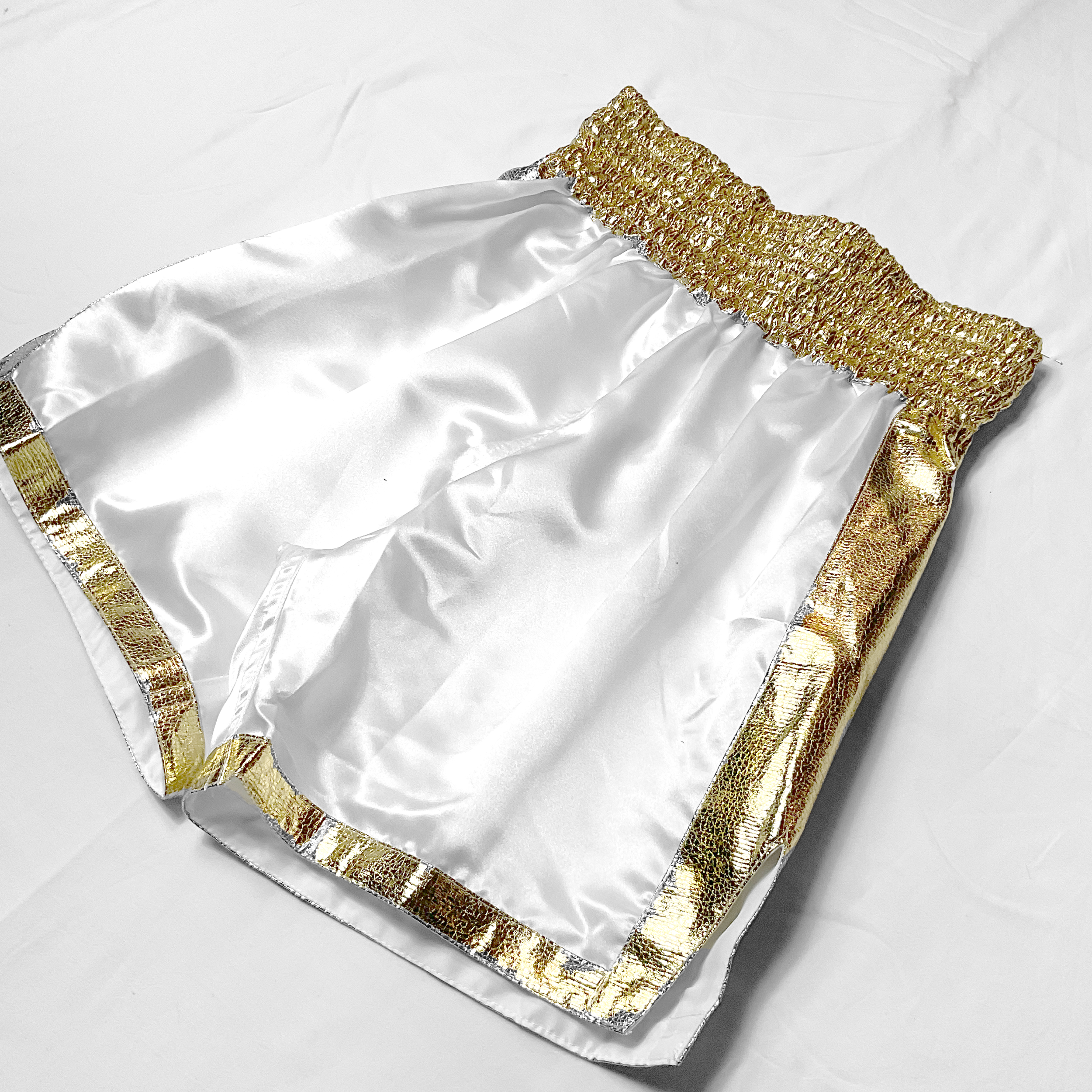 White & Gold Satin Boxing Trunk with Gold Details