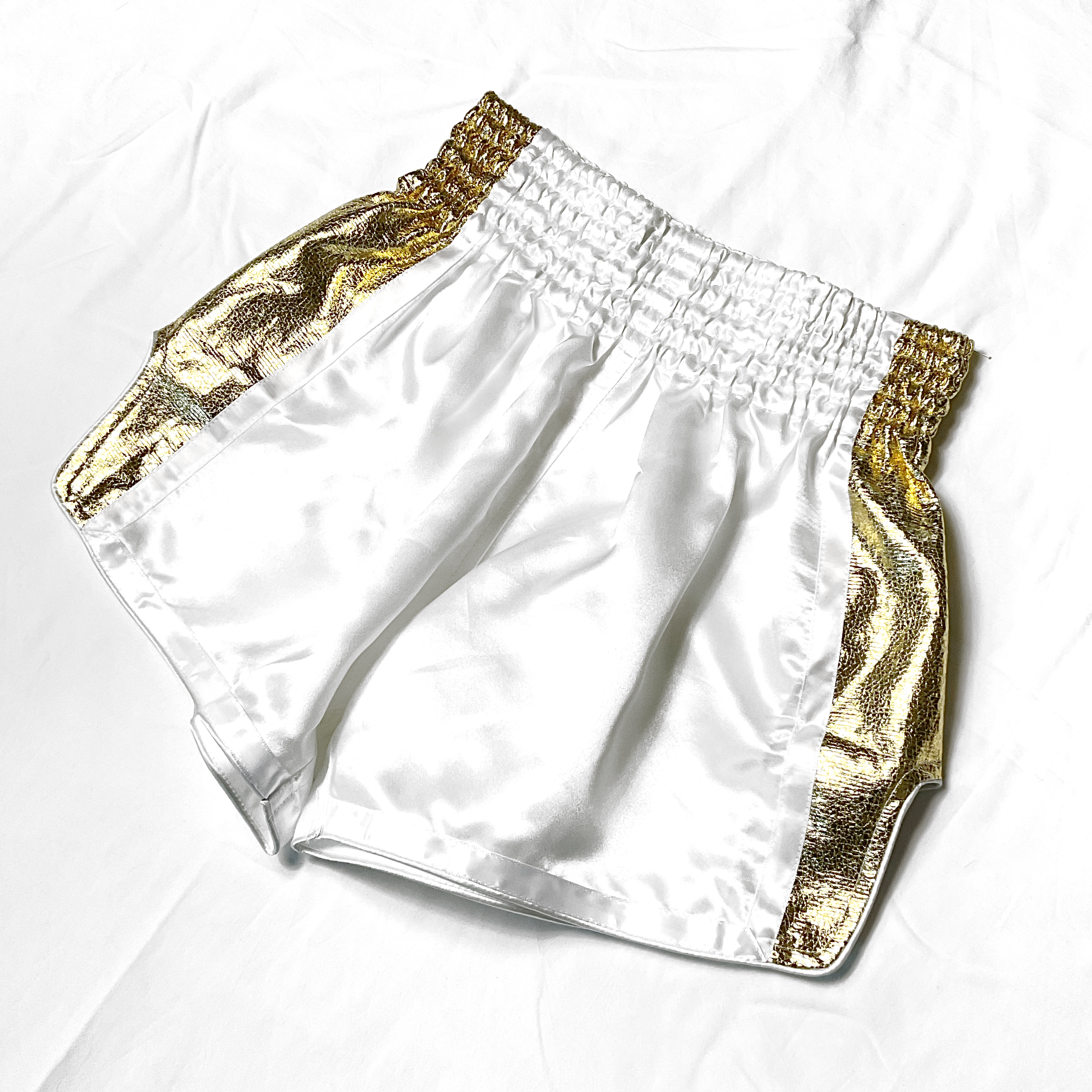 White & Gold Vent Satin Boxing Trunks