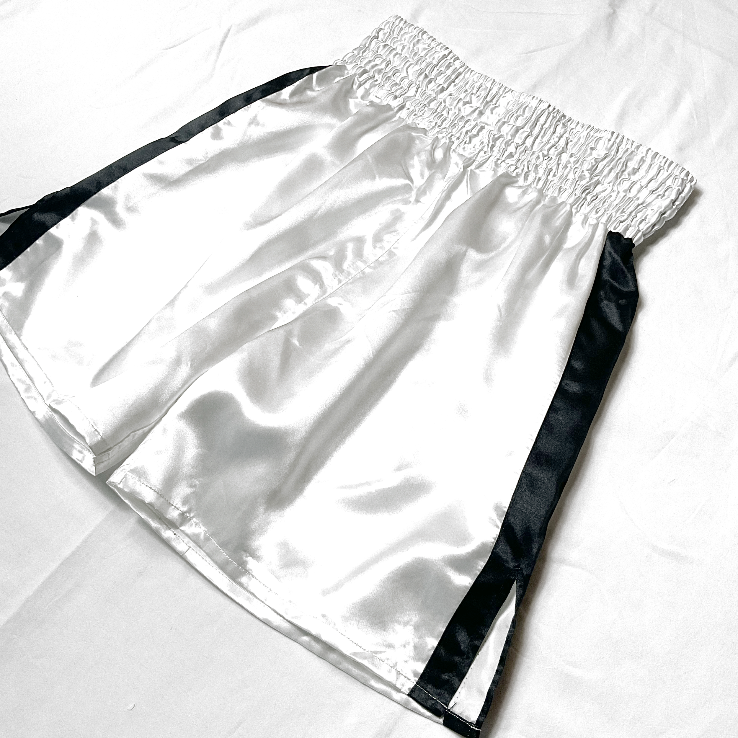 White & Black Side Stripe Satin Boxing Trunks