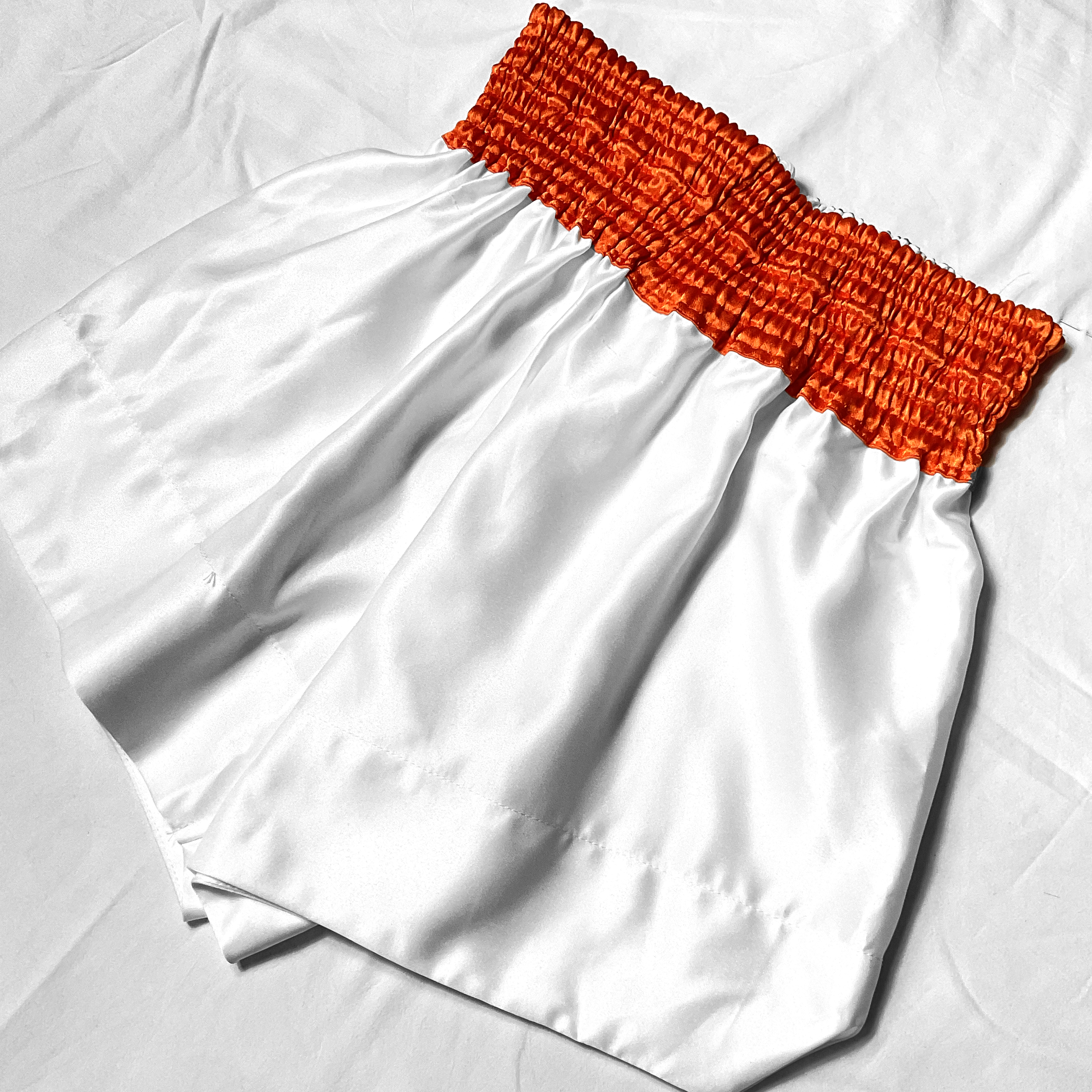 White & Orange Short Cut Satin Boxing Trunks