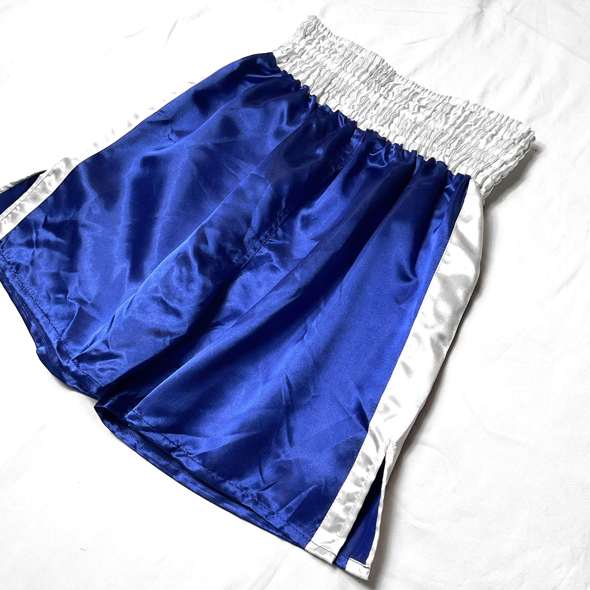Blue & White Side Stripe Satin Boxing Trunks