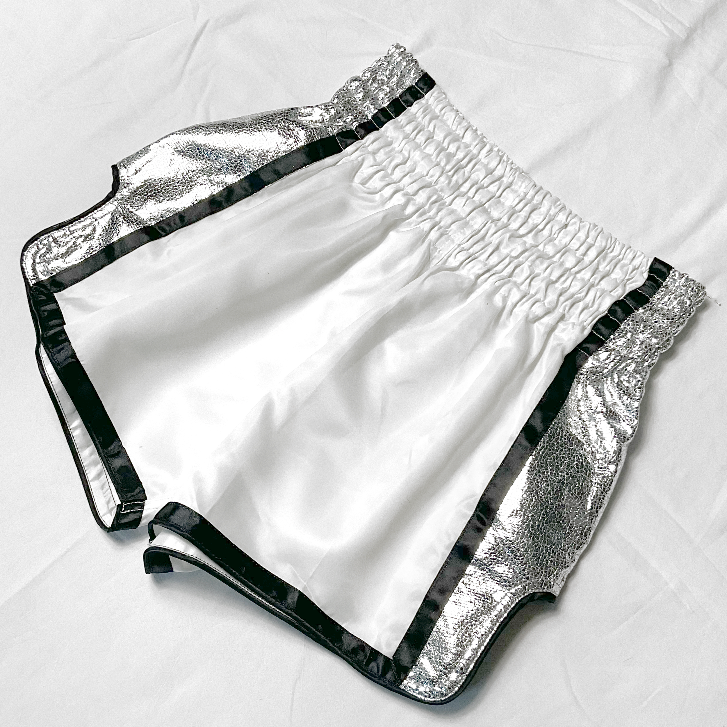 White & Silver Vent Satin Boxing Trunks