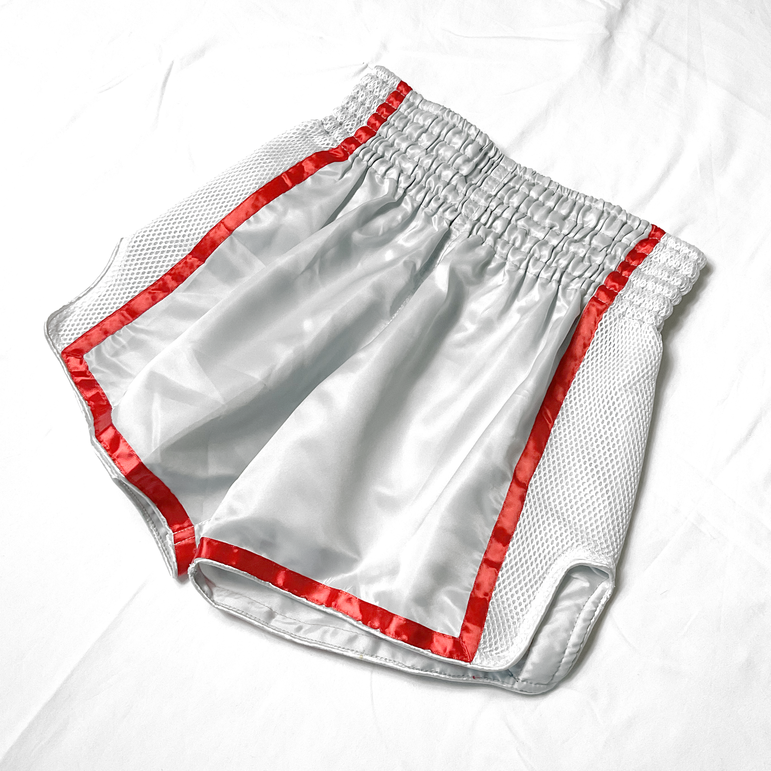 Grey & White Red Stripe Satin Boxing Trunks
