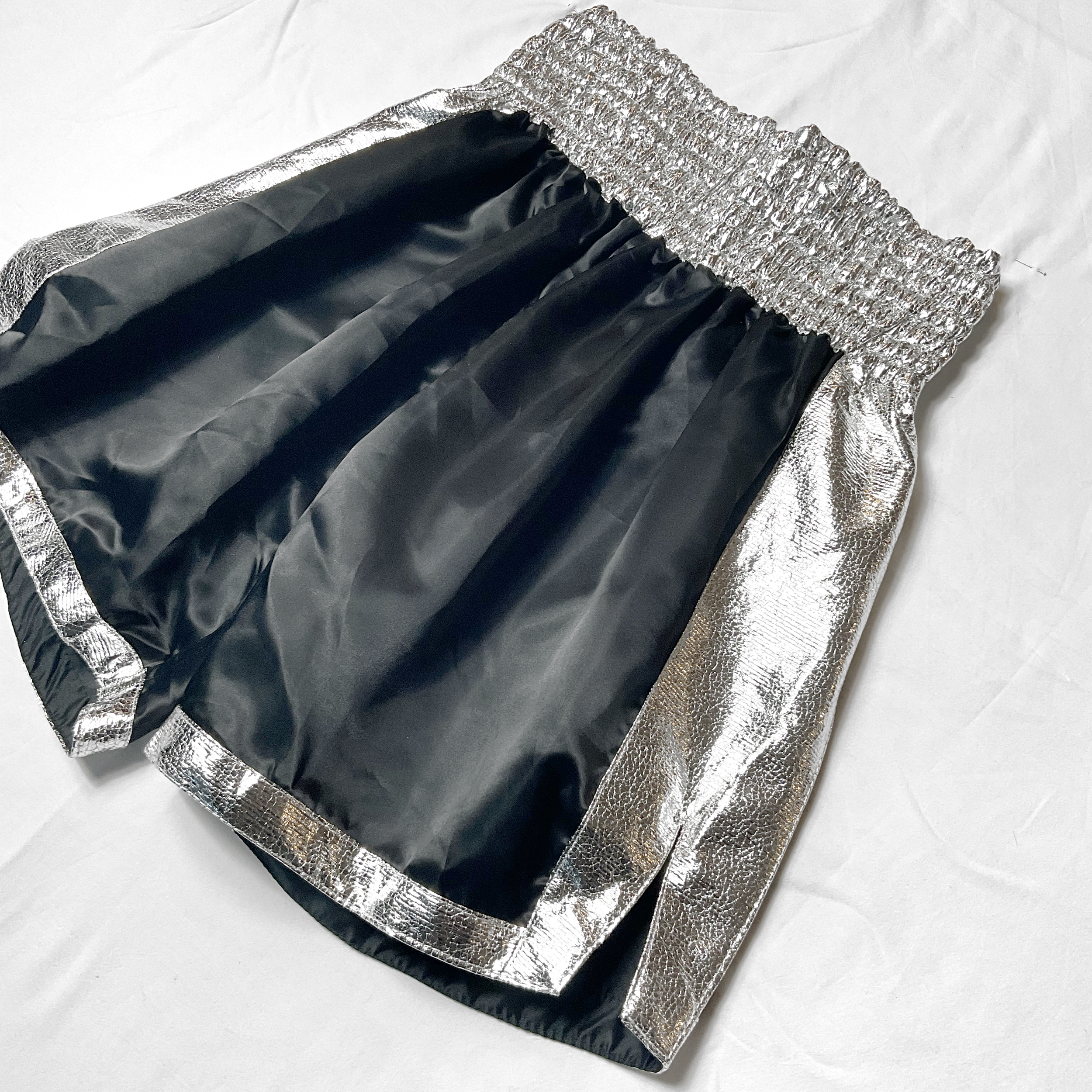 Black & Silver Side Stripe Satin Boxing Trunks
