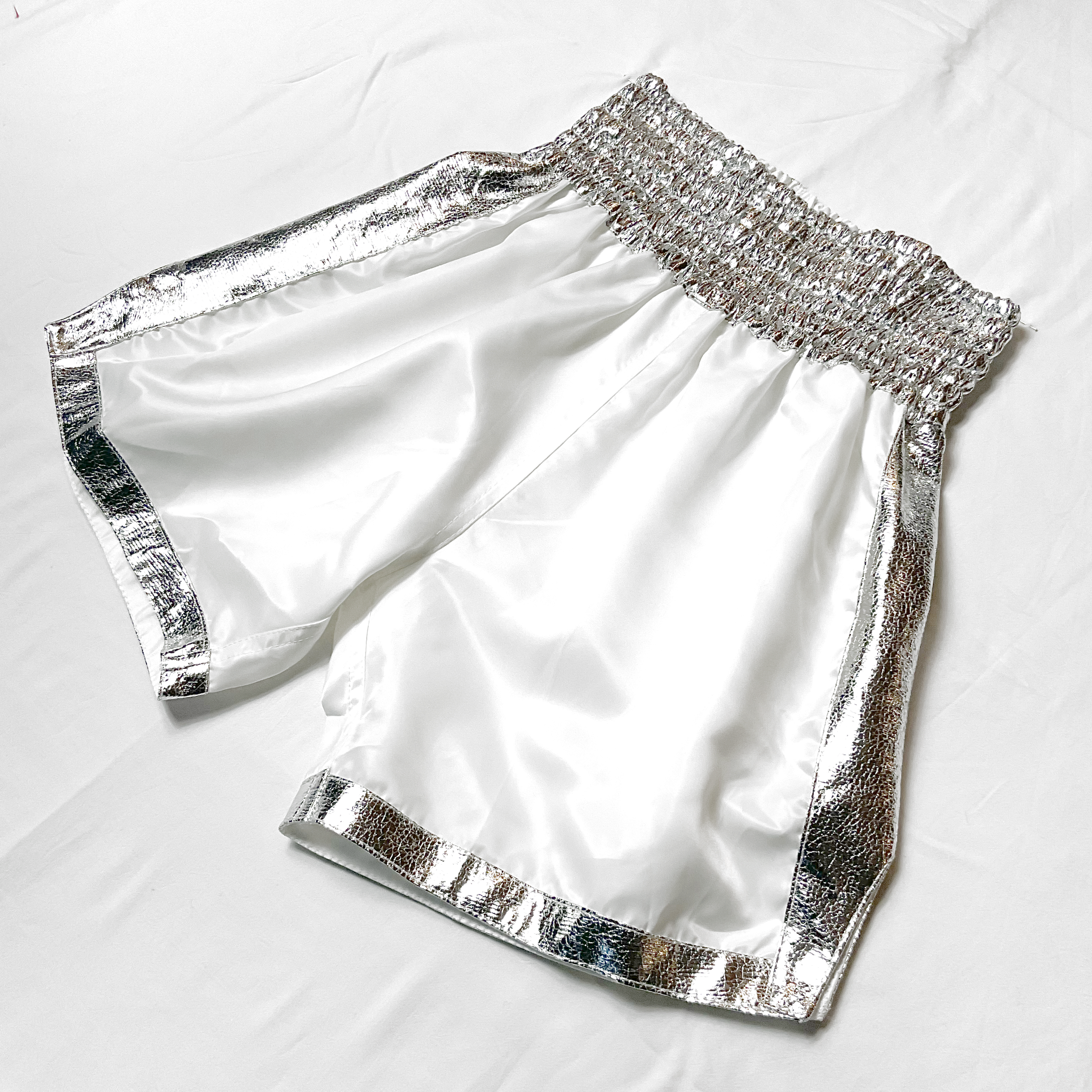 White & Silver Side Stripe Satin Boxing Trunks