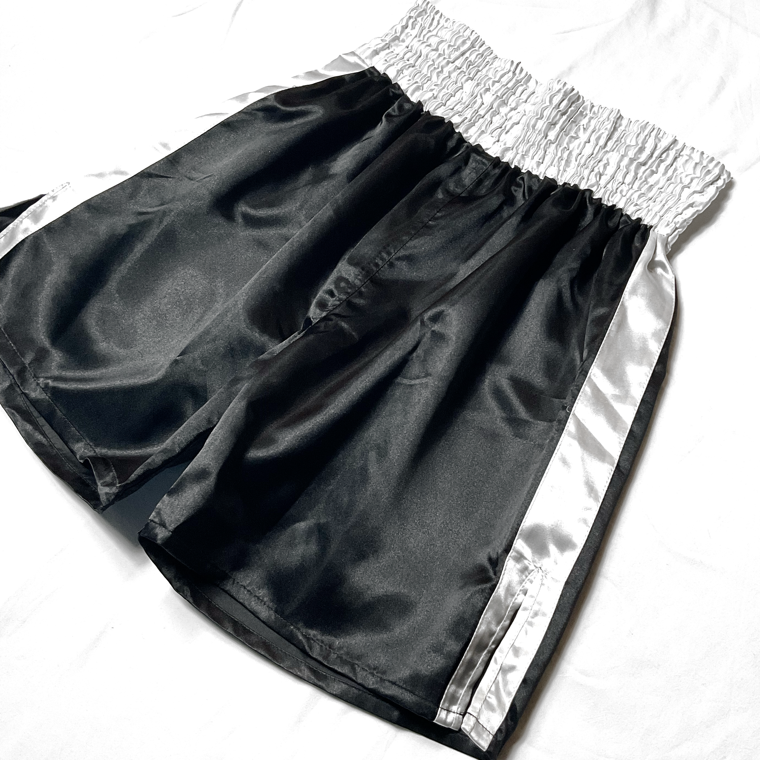 Black & White Side Stripe Satin Boxing Trunks
