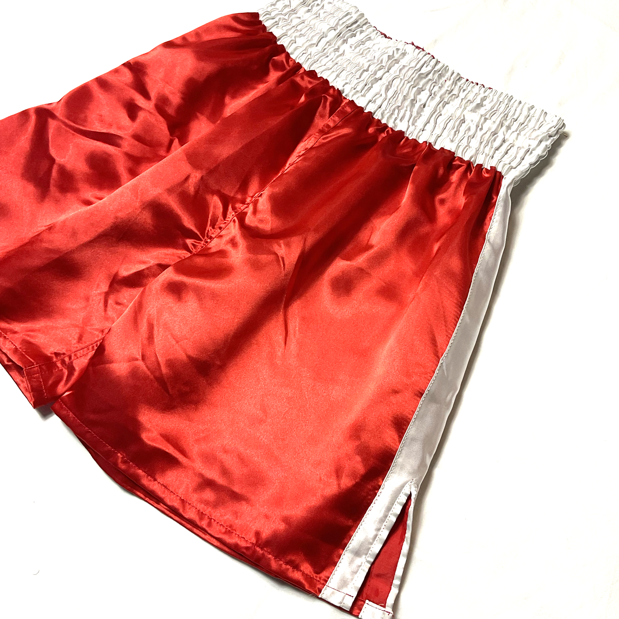 Red & White Side Stripe Satin Boxing Trunks