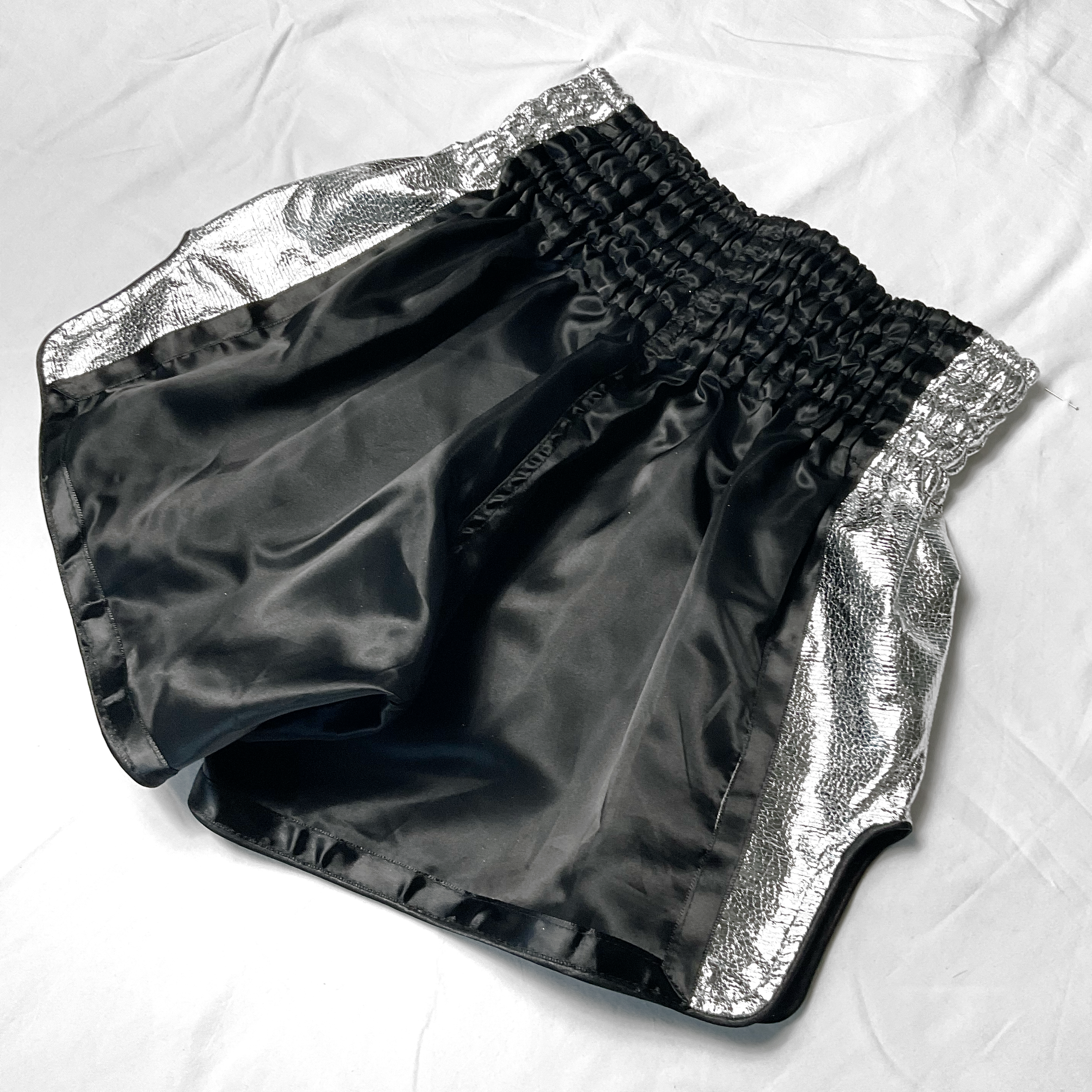 Black & Silver Vent Satin Boxing Trunks