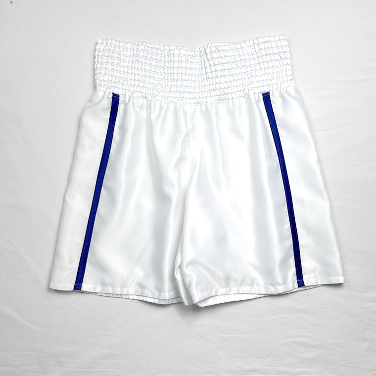 White With Blue Stripes Satin Boxing Trunks