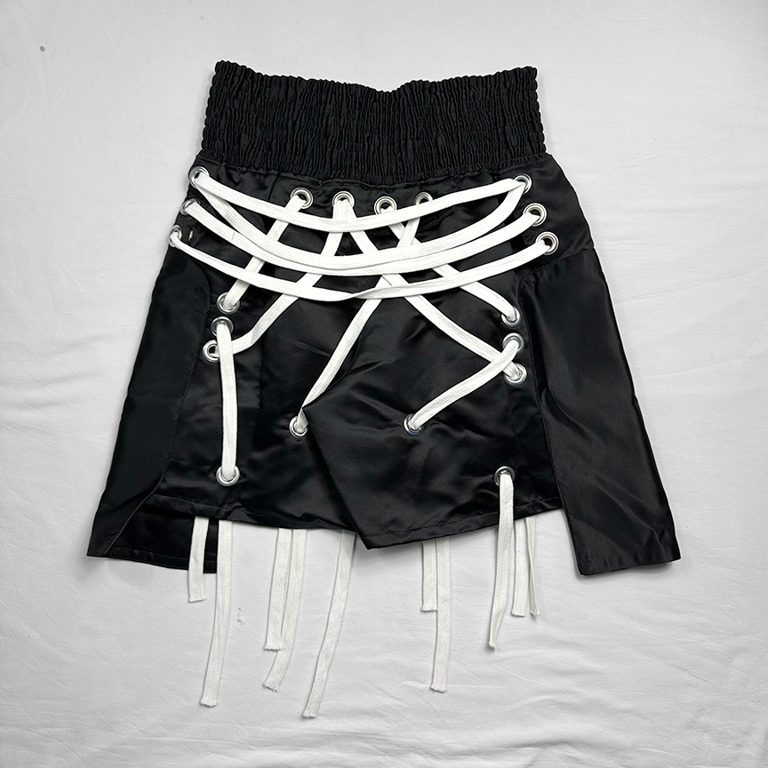 Black Lace Up Satin Boxing Trunks