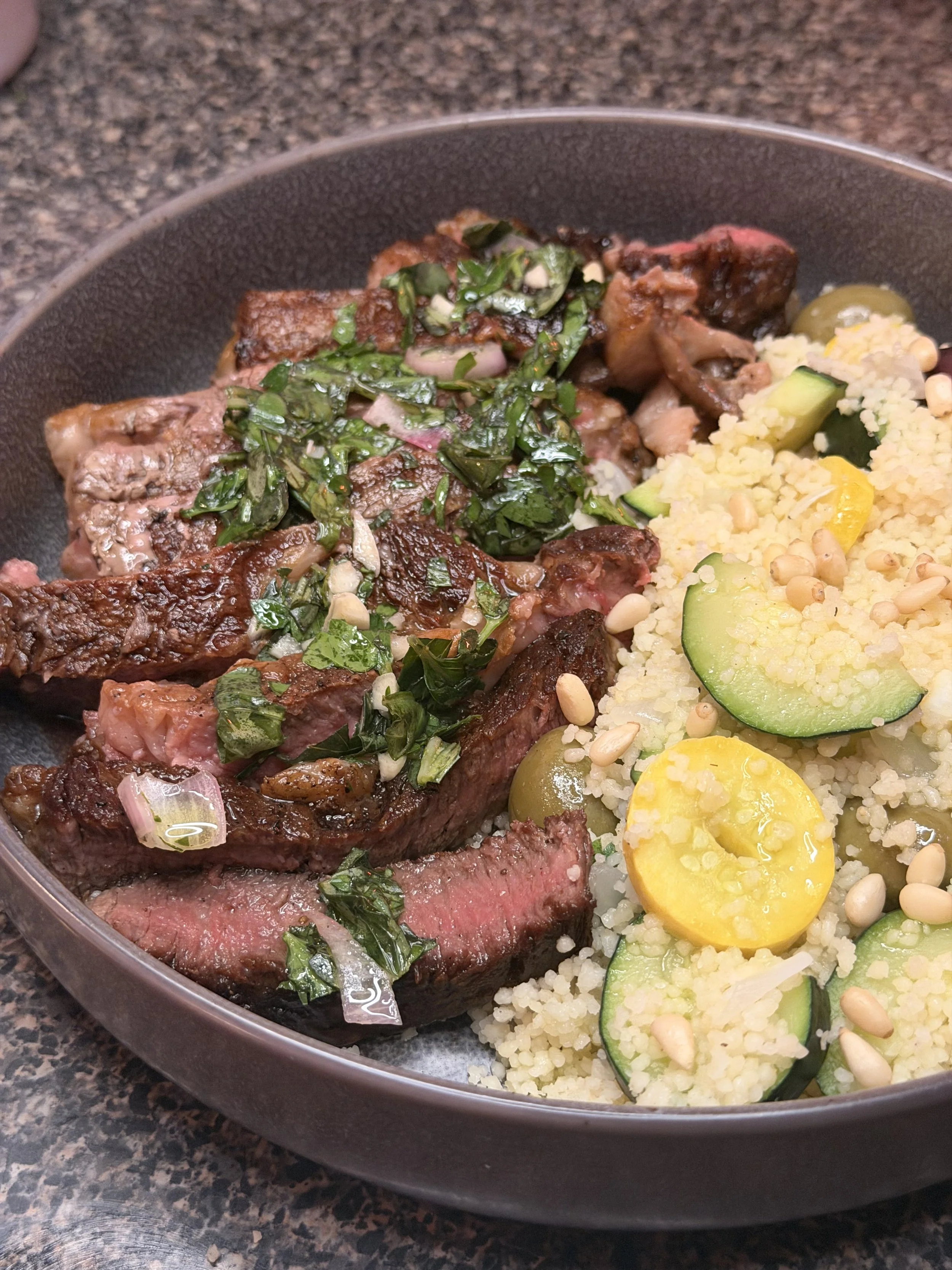 Pan-Seared Ribeye, Bright Basil &amp; Mint Chimichurri, Garlic-Sautéed Zucchini Couscous 
