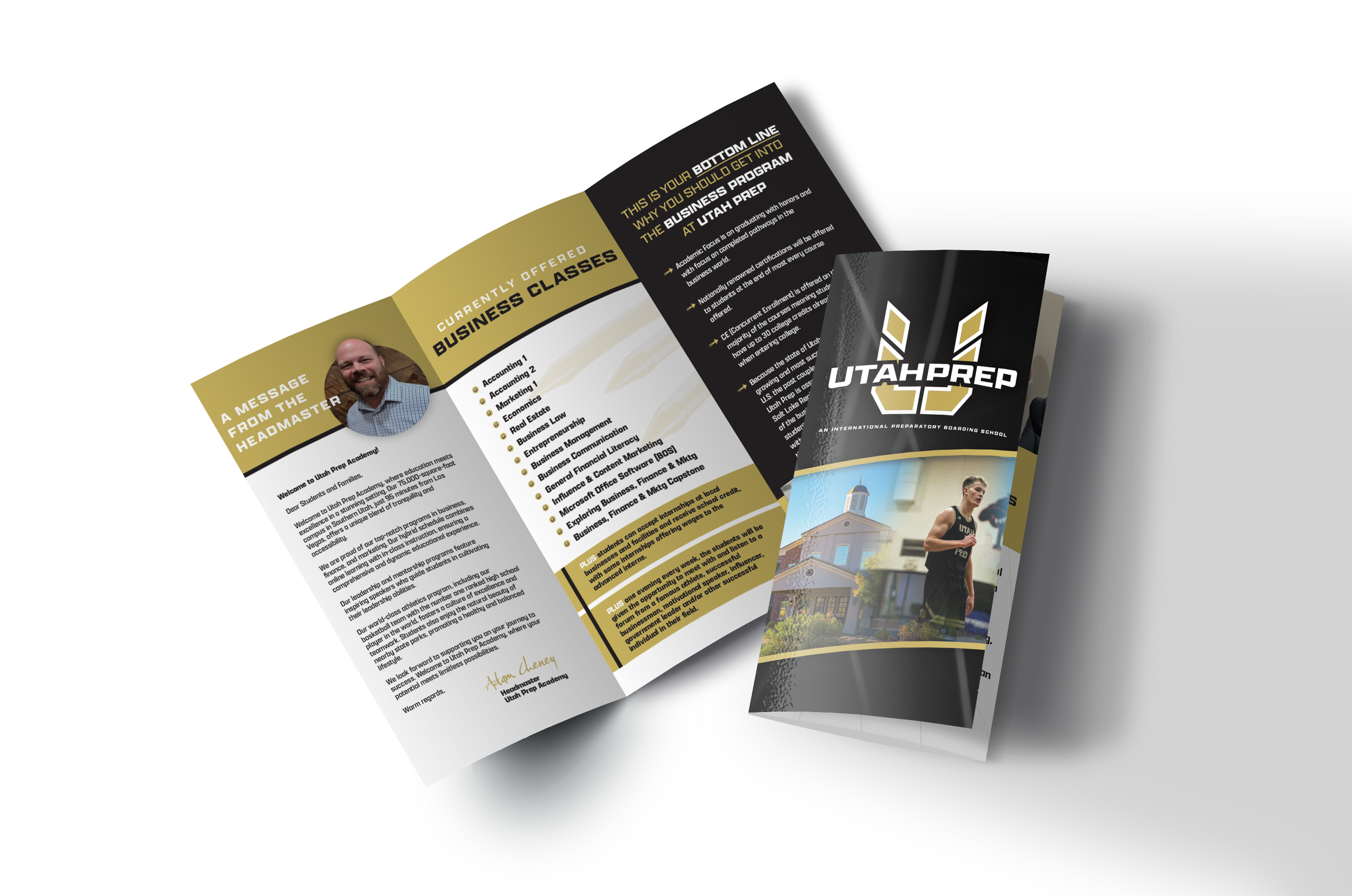 Tri-fold brochure for Utah Prep International Preparatory Boarding School featuring a logo, images of a school building and a female athlete, and text about programs and classes.