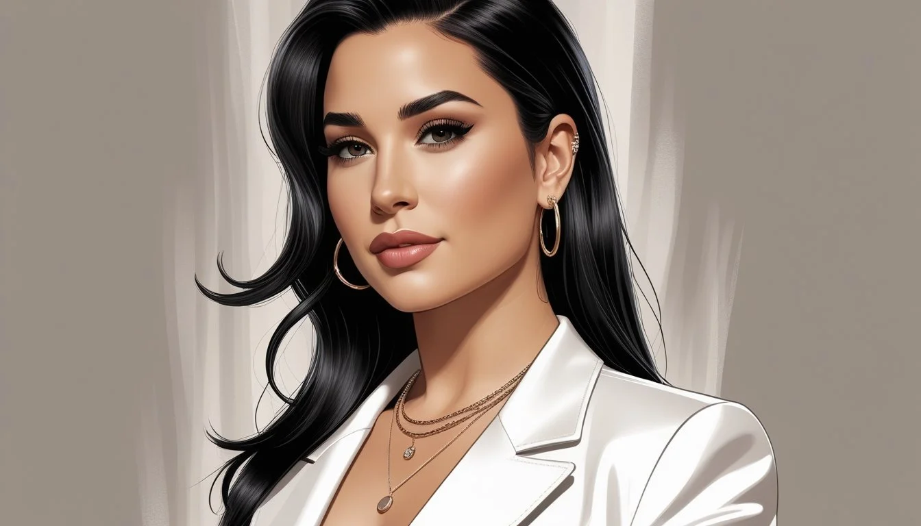 Illustration of Demi Lovato in white costume, wearing necklase and earrings