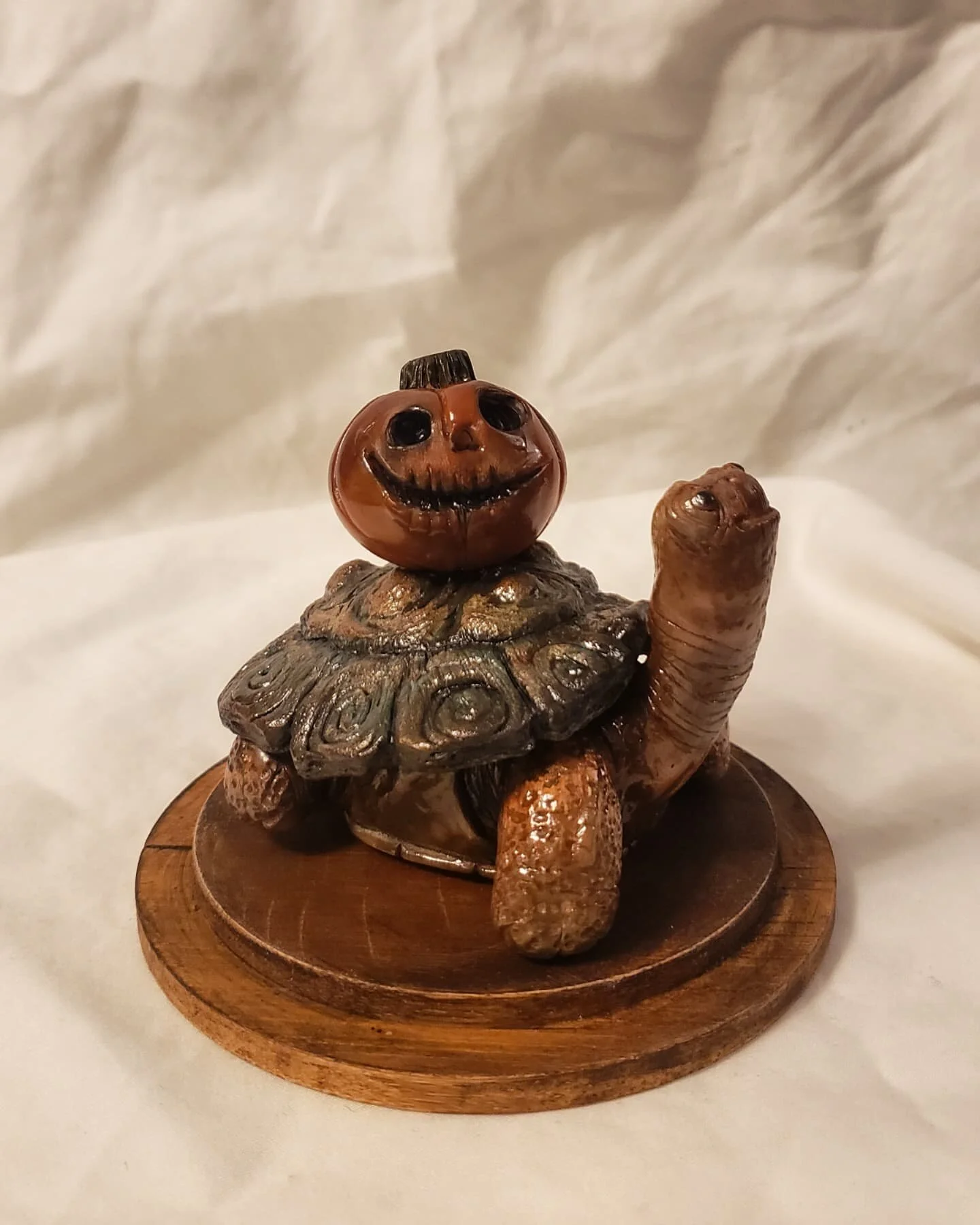 My Mom:
&quot;I'd really like one of your little guys but maybe one that isn't so creepy&quot;.

Merry Christmas Mom. Here's a pumpkin riding a turtle. 

#art #sculpture #ooak #polymerclay #polymerclayartist #clay #characterdesign #fairytales #surrea