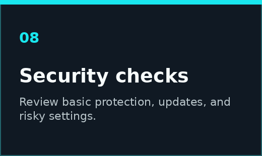 Computer security checks for updates, protection, and risky settings
