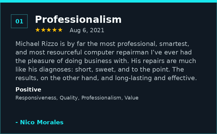 Google review praising Michael's Computer Repair Service for professionalism and technical skill