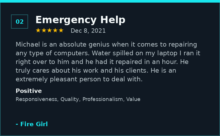 Google review about emergency laptop repair after water damage